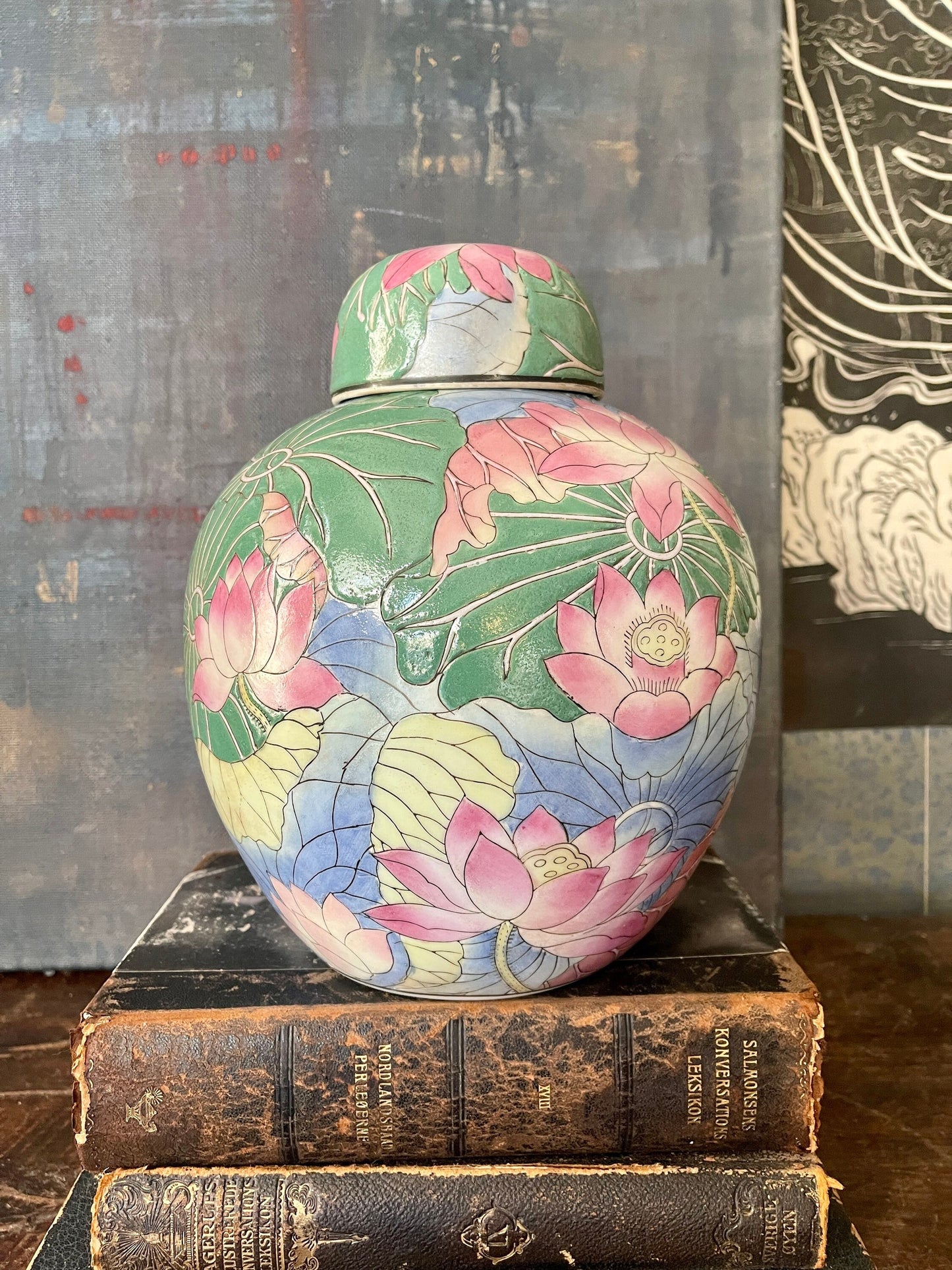 Large Green and Blue Chinoiserie Ginger Jar Grand Millennial