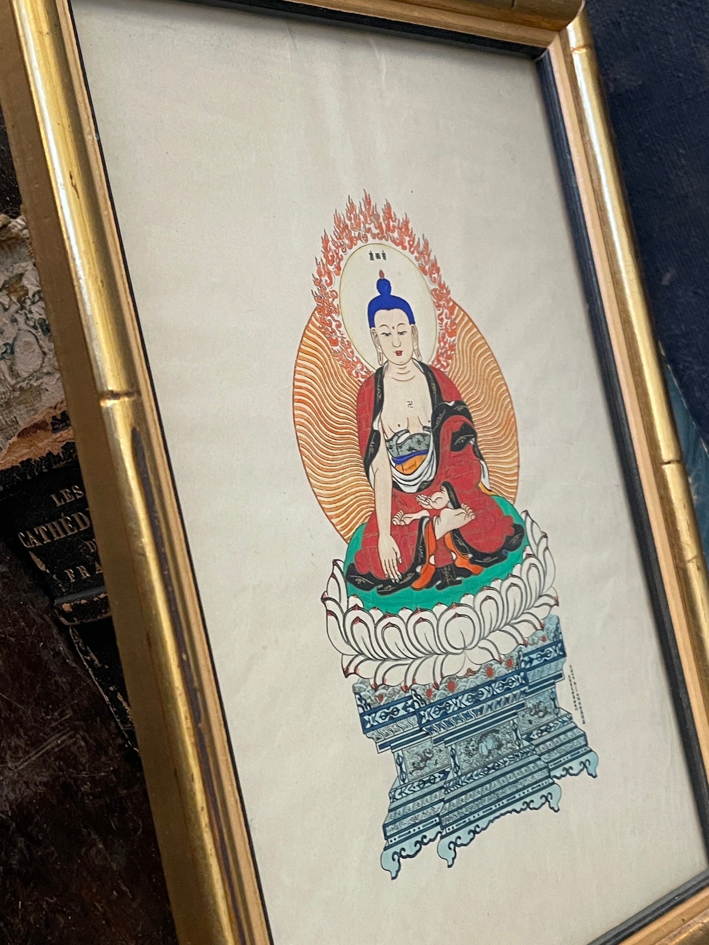 19th Century Chinese Buddhist Bodhisattva Painting of Buddha on a Lotus Alter