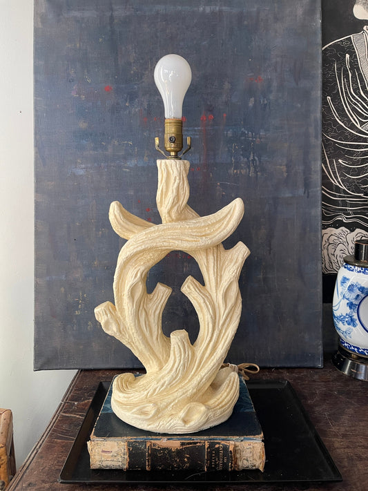 Mid Century Cream Chalkware Faux Bois Table Lamp