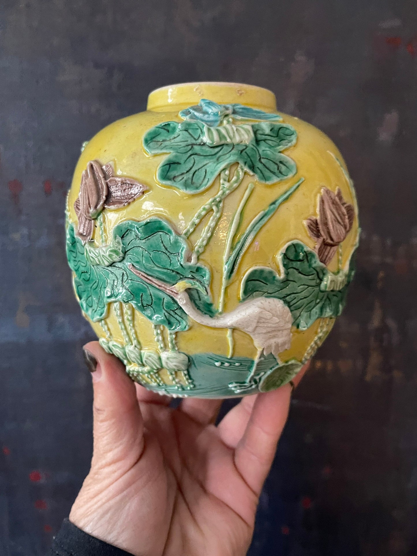 Antique Yellow Asian Majolica Vase Grand Millennial