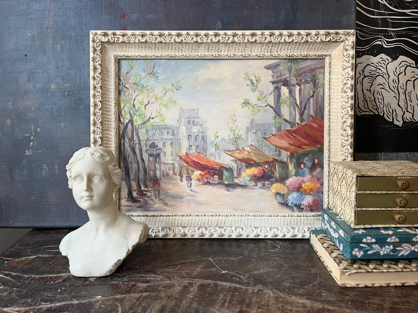 MCM French Flower Market Framed Painting Street Scene Artist Signed