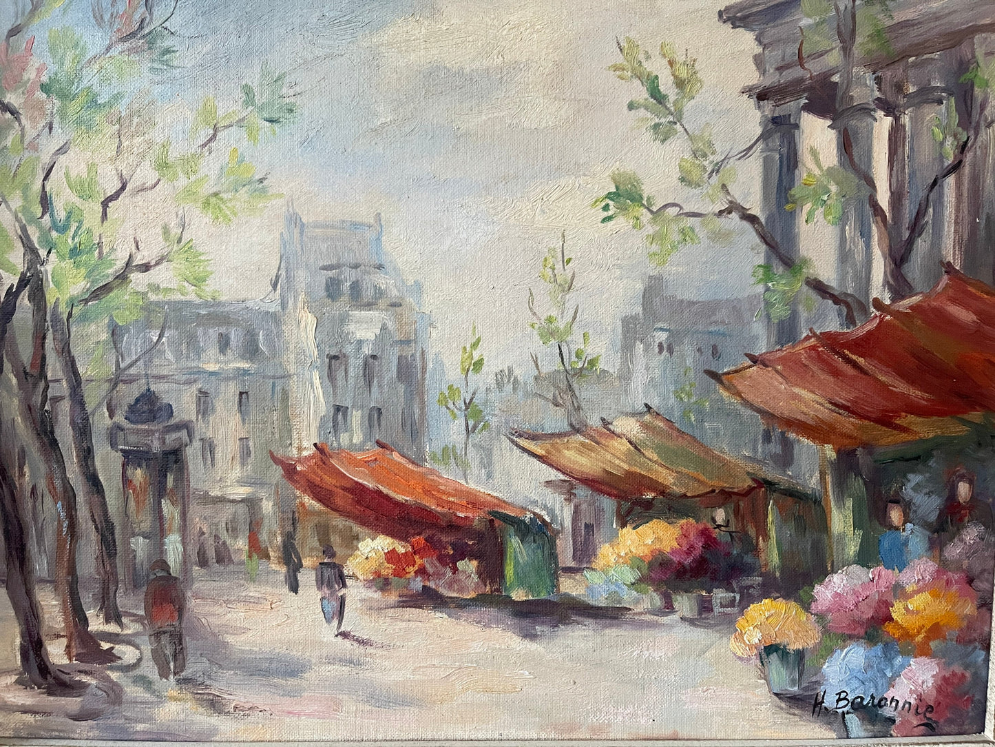 MCM French Flower Market Framed Painting Street Scene Artist Signed