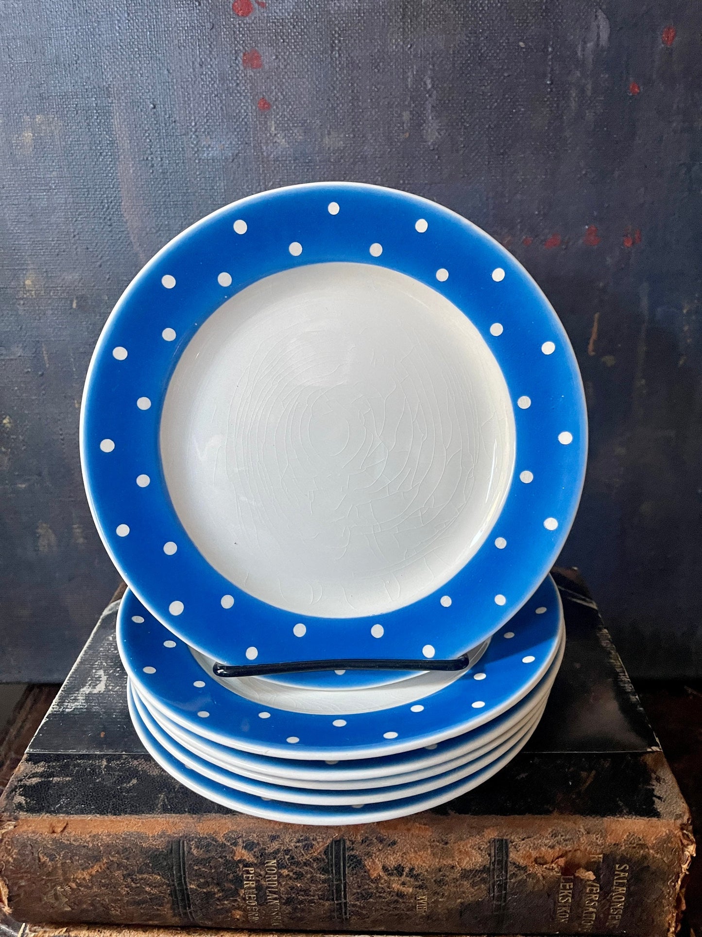 Set of Six (6) Swedish Gefle Blue and White Polka Dot Plates in Amanita Scandinavian Decor