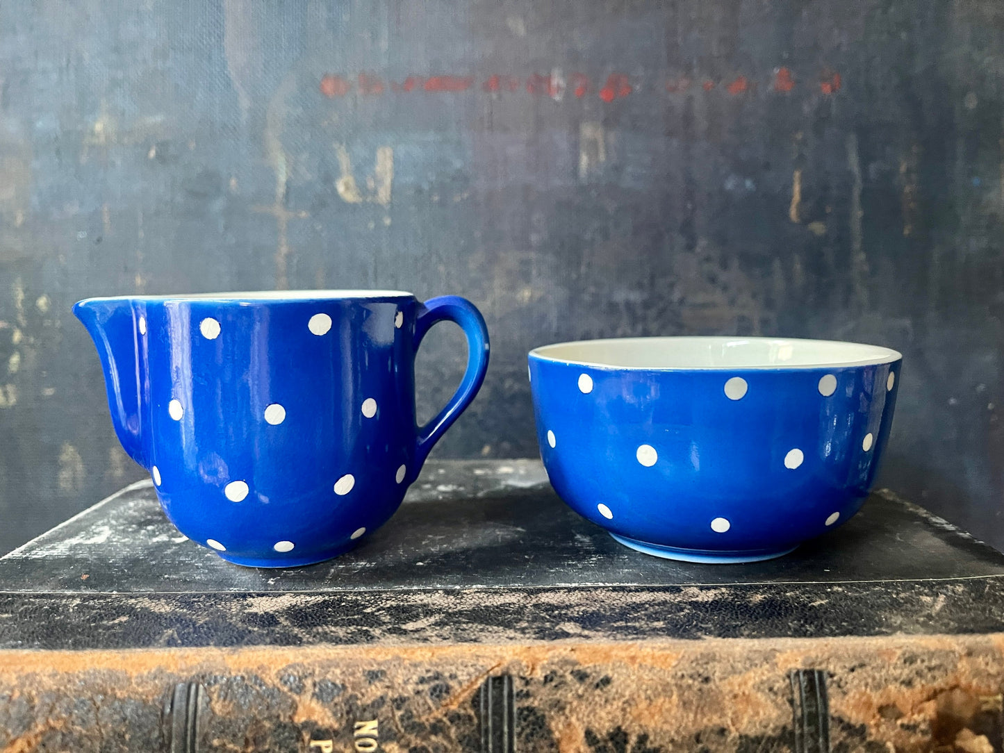 Blue and White Polka Dot Swedish Creamer and Sugar Bowl Gefle Amanita