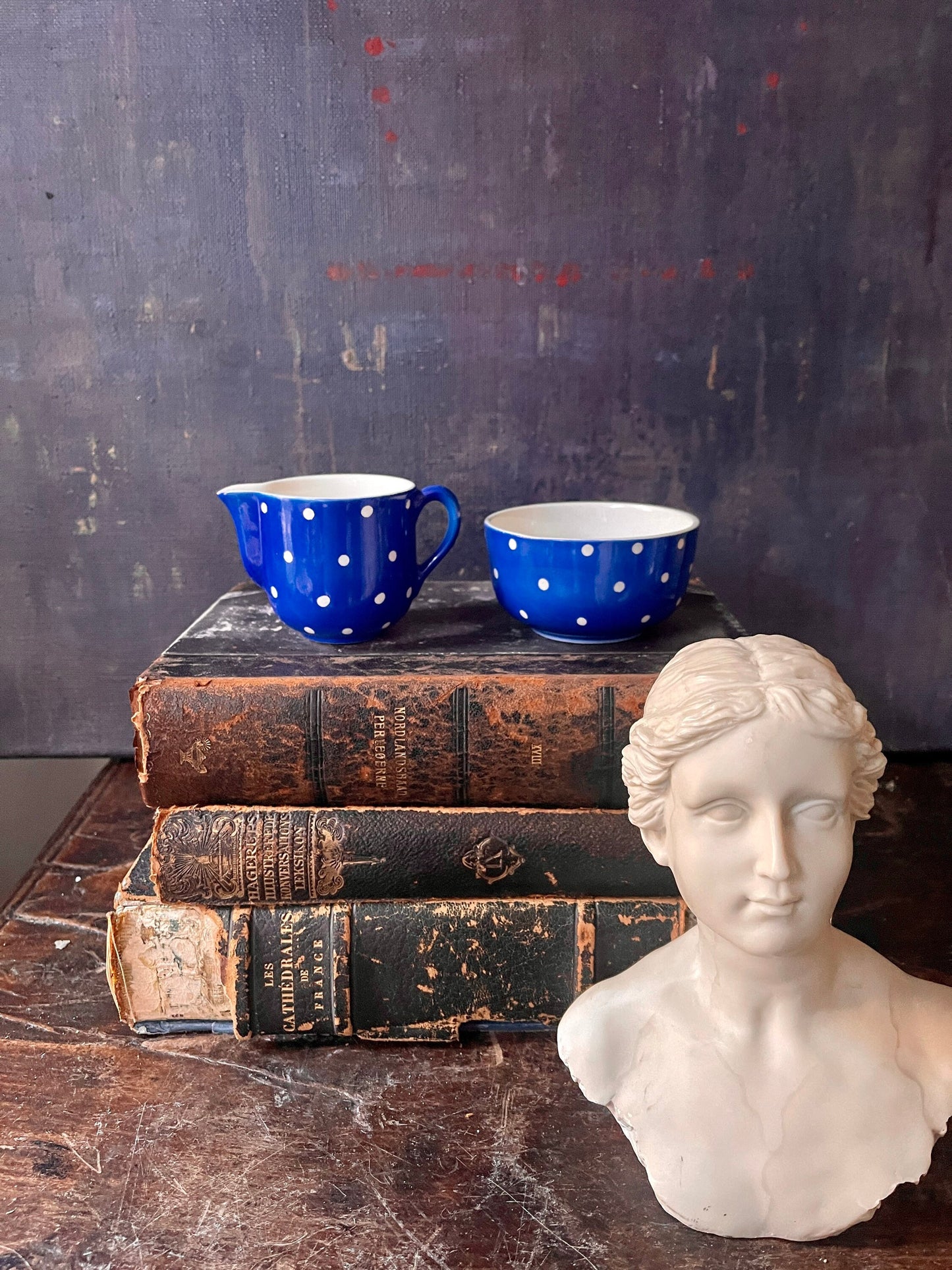 Blue and White Polka Dot Swedish Creamer and Sugar Bowl Gefle Amanita