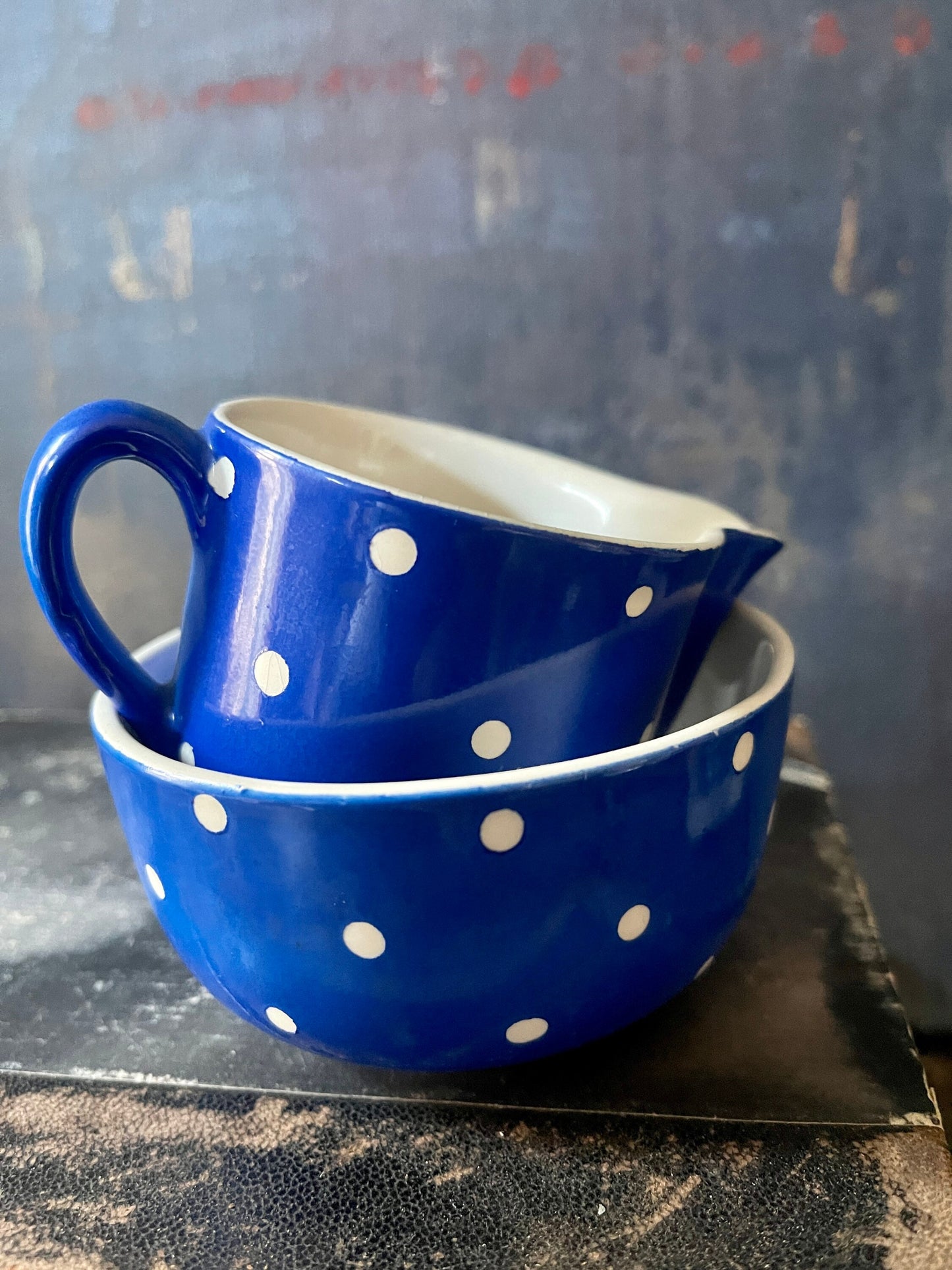 Blue and White Polka Dot Swedish Creamer and Sugar Bowl Gefle Amanita