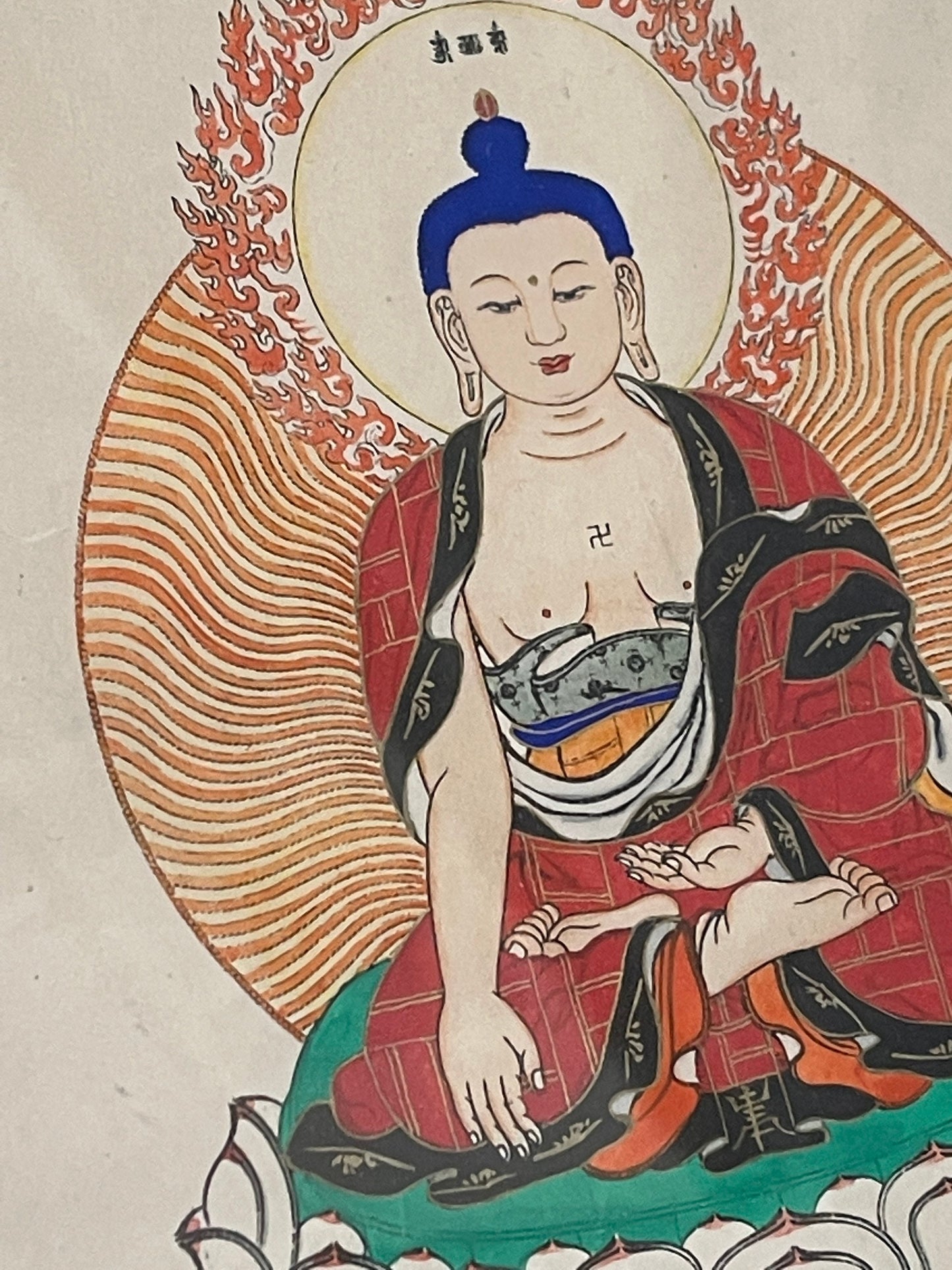 19th Century Chinese Buddhist Bodhisattva Painting of Buddha on a Lotus Alter