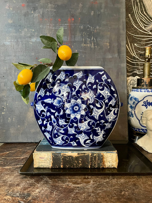 Substantial Blue and White Asian Floral Chinoiserie Vase Envelope Sides Deep Navy Blue Coastal Unique Shape Chinese Ceramics