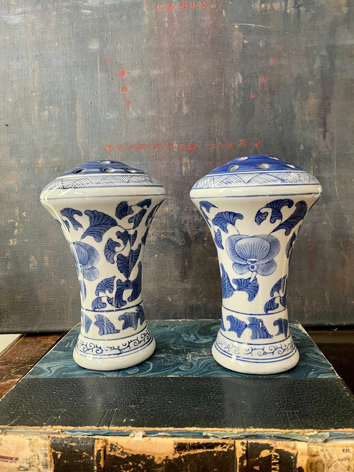 Pair of Blue and White Chinoiserie 8" Ceramic Flower Frog Contemporary Modern Decor Mantel Centerpiece