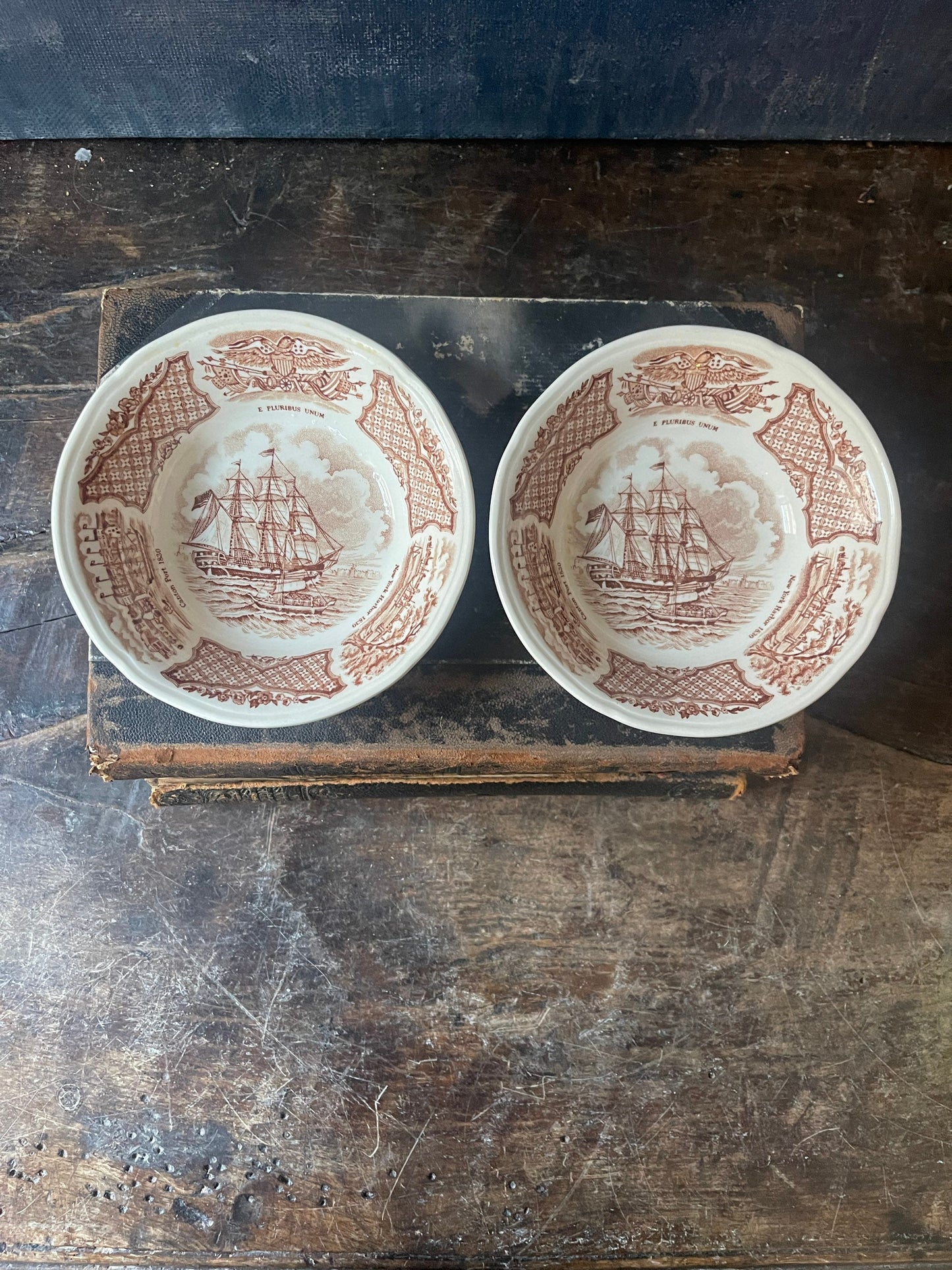 Pair of Brown and White Transferware Small Bowls in Fair Winds by Alfred Meakin English Ironstone