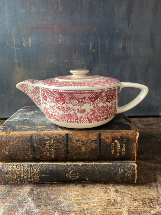 Vintage Pink and White Willow Transferware Tea Kettle Grand Millennial Decor