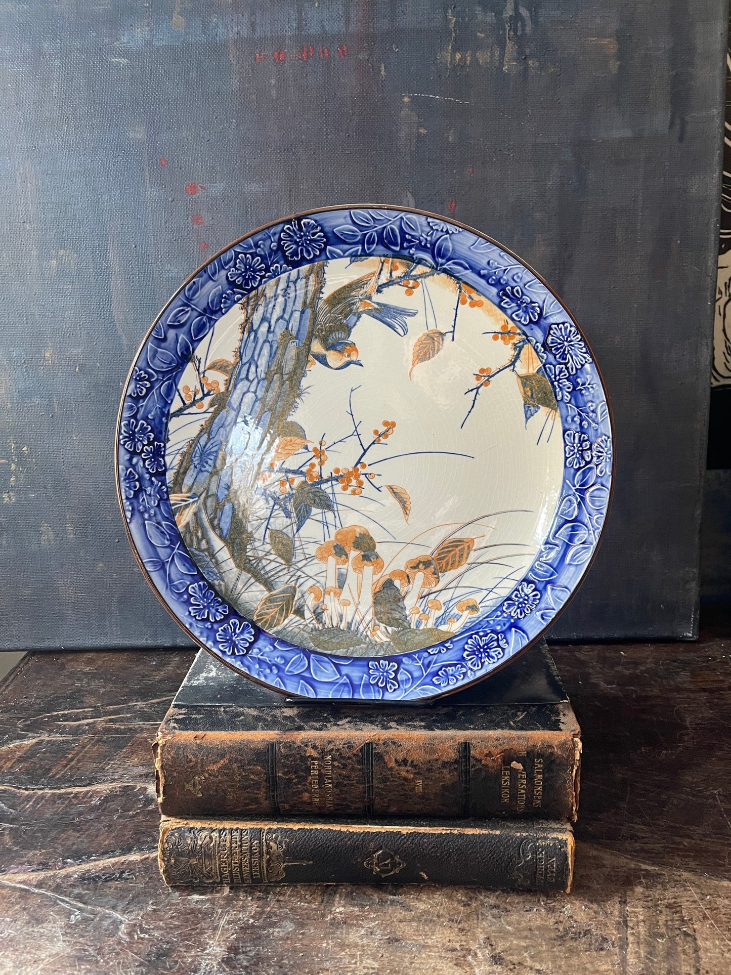 Vintage Toyo Blue and White Bird Oversized Chinoiserie Plate