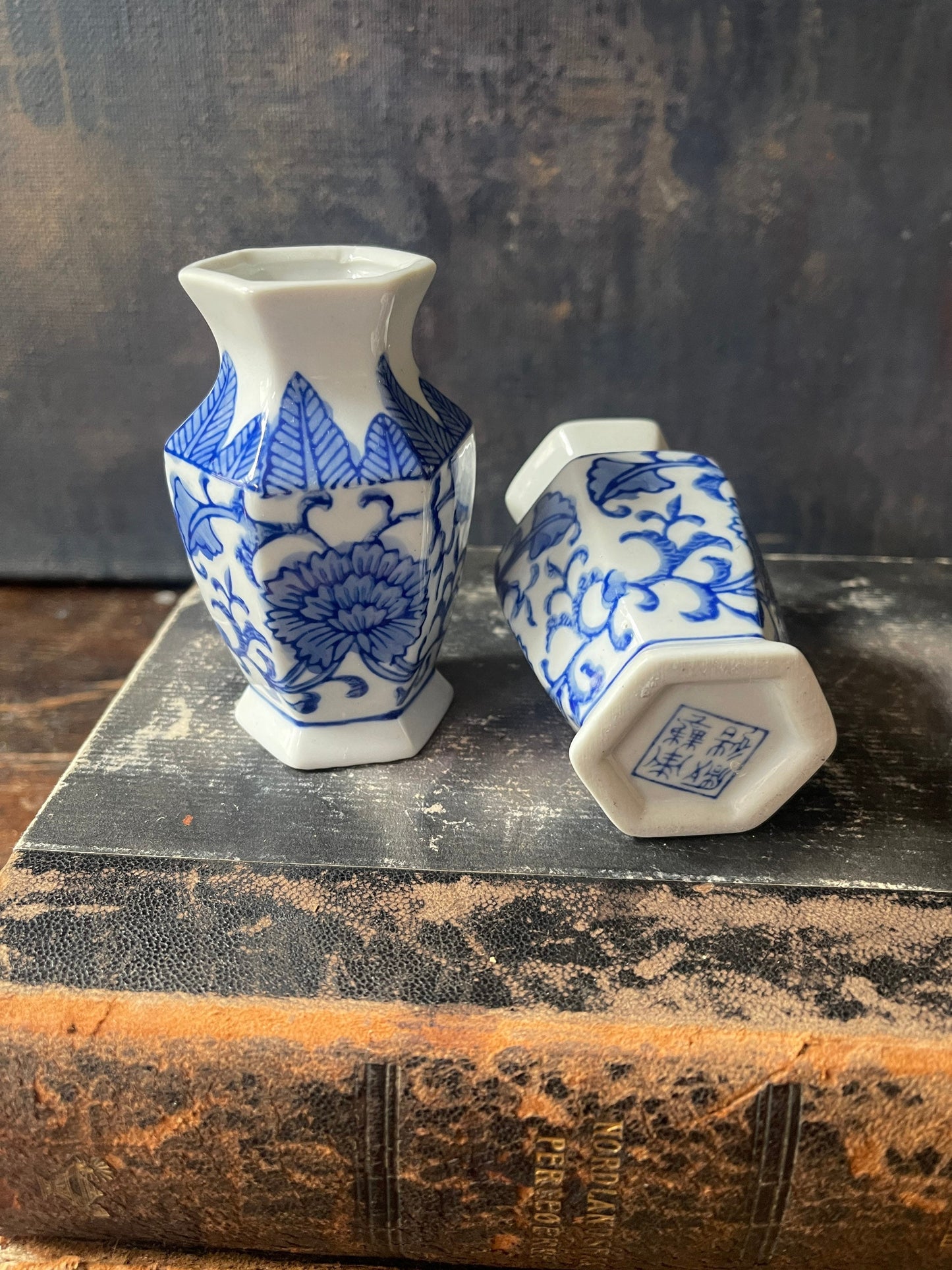 Pair of 3.5” Blue and White Chinoiserie Vase Grand Millennial Decor