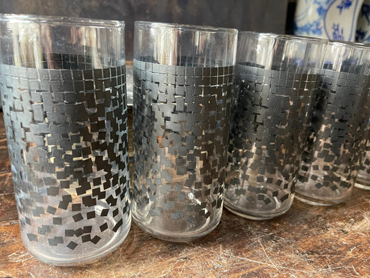 Set of Six (6) Black Confetti Abstract Tall Water Glasses