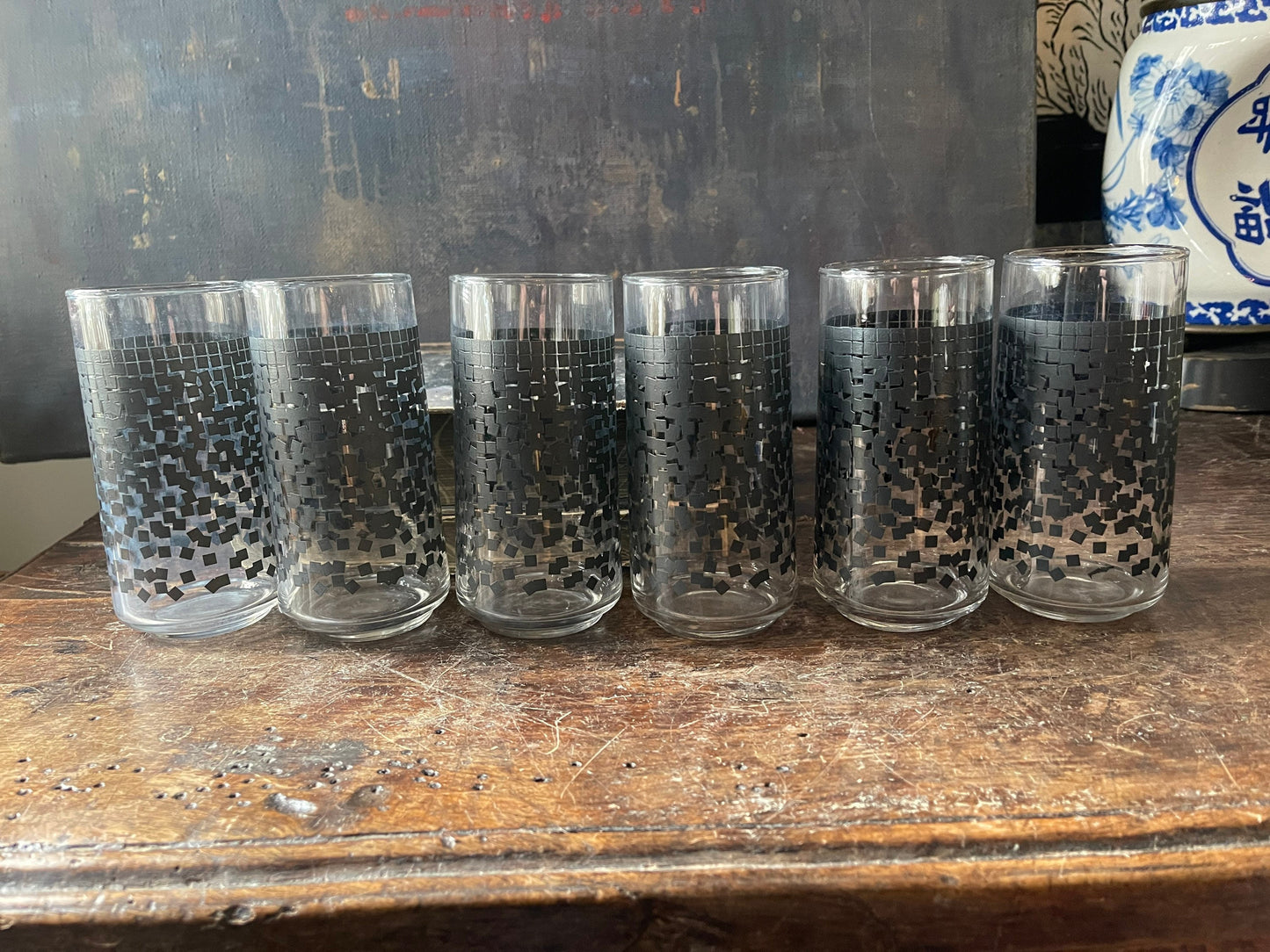 Set of Six (6) Black Confetti Abstract Tall Water Glasses