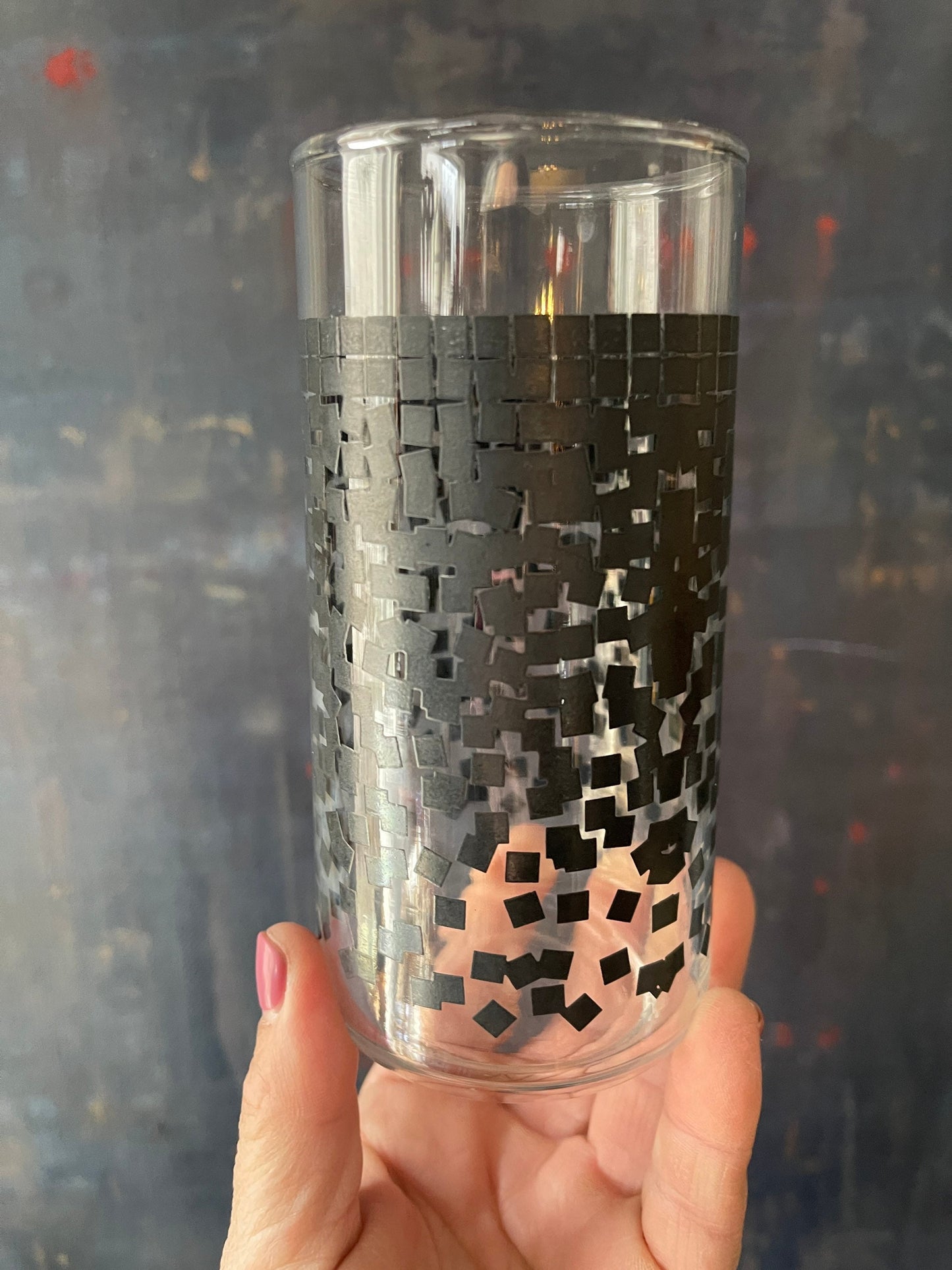 Set of Six (6) Black Confetti Abstract Tall Water Glasses