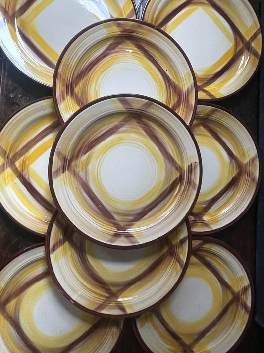 Set of Ten (10) Vintage Brown and Yellow Organdia by Vernonware California 9.75” Plates Cottage Decor