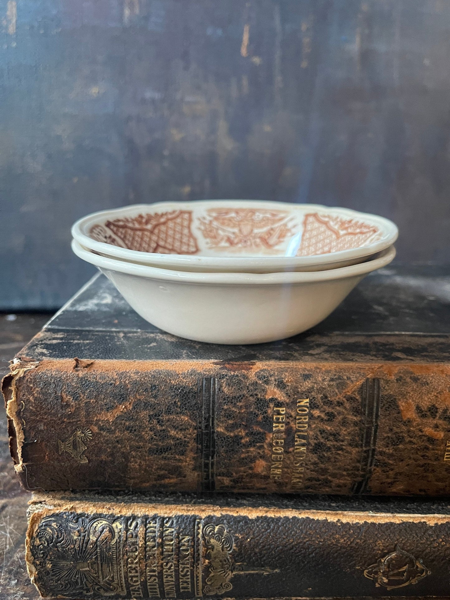 Pair of Brown and White Transferware Small Bowls in Fair Winds by Alfred Meakin English Ironstone