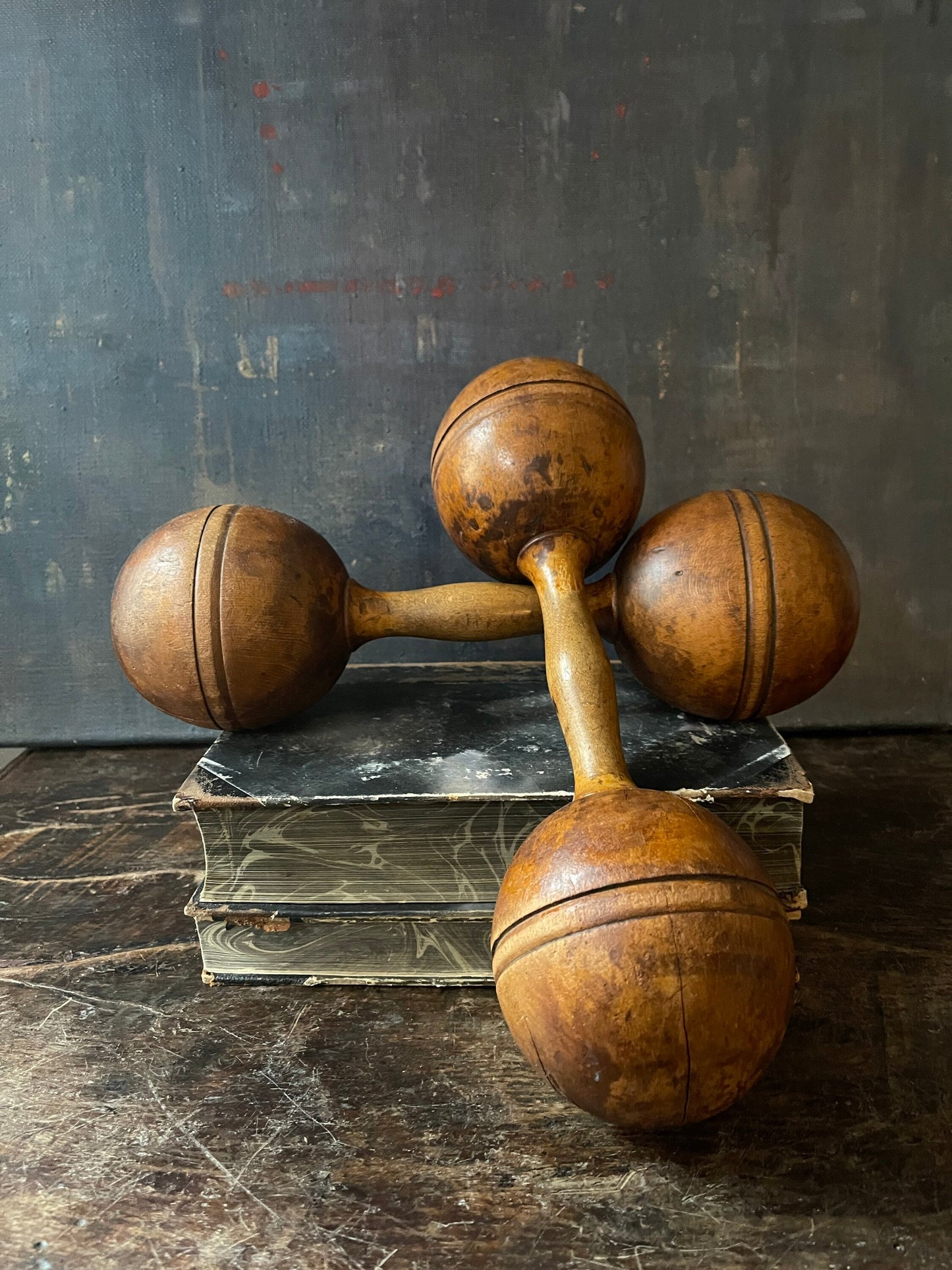 Antique Pair of Wooden Dumbell Weights Primitive Sculpture