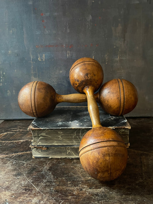 Antique Pair of Wooden Dumbell Weights Primitive Sculpture