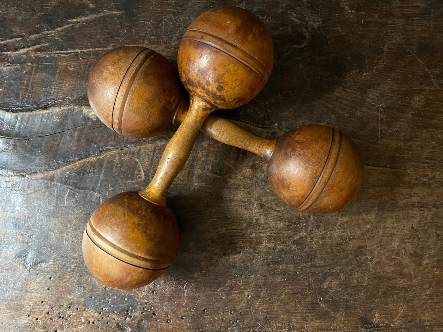 Antique Pair of Wooden Dumbell Weights Primitive Sculpture