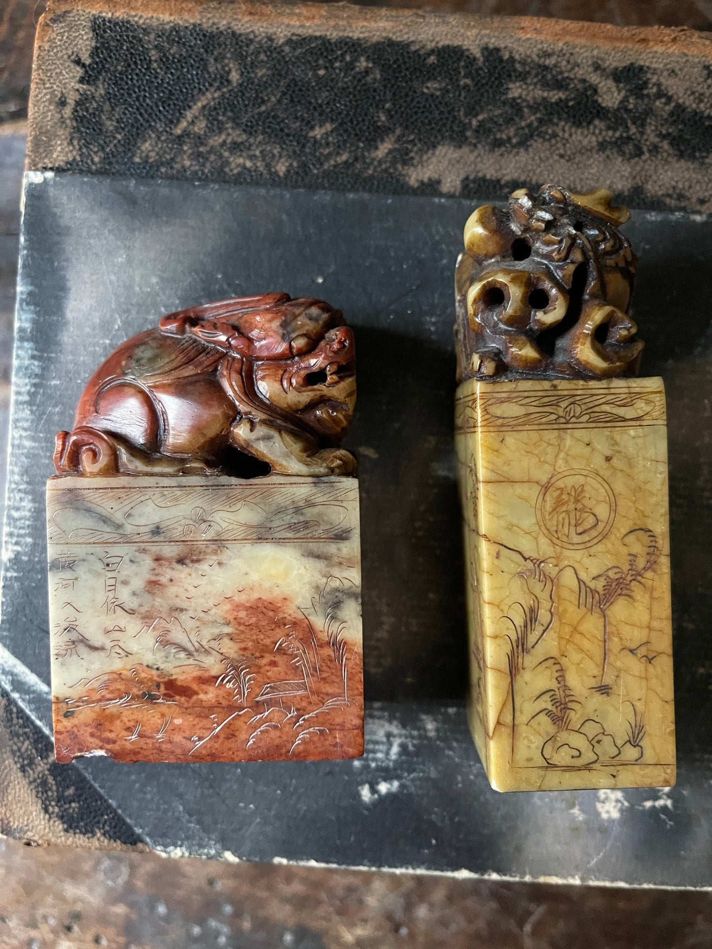 Collection of a two (2) Old Chinese Shoushan Stone Carved Seals Stamps Good Luck