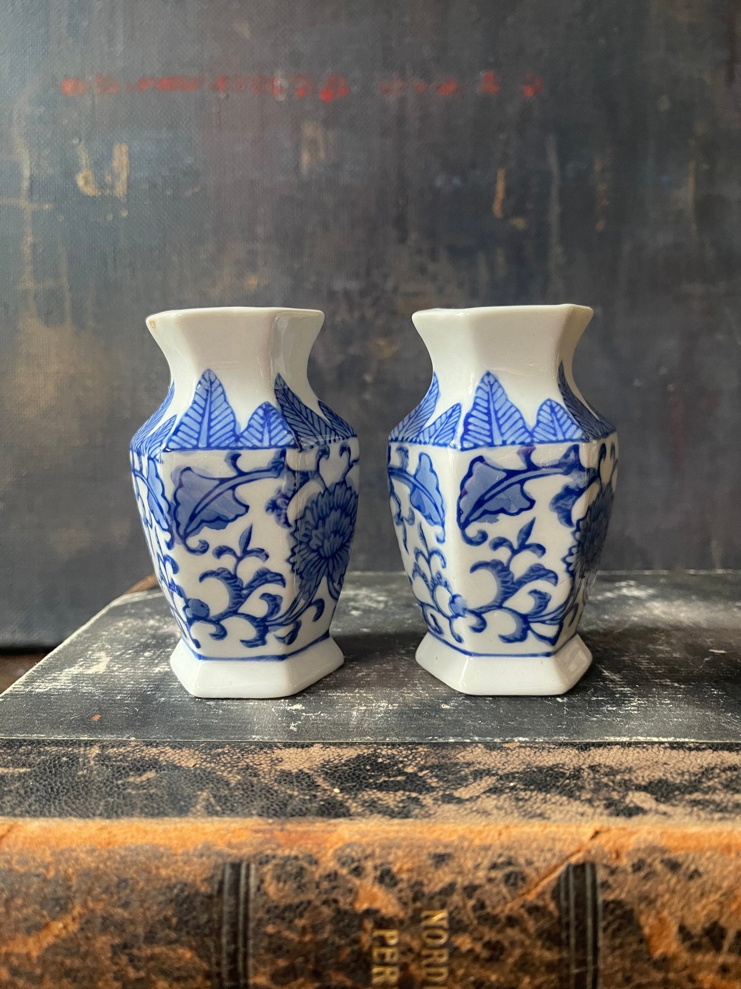 Pair of 3.5” Blue and White Chinoiserie Vase Grand Millennial Decor