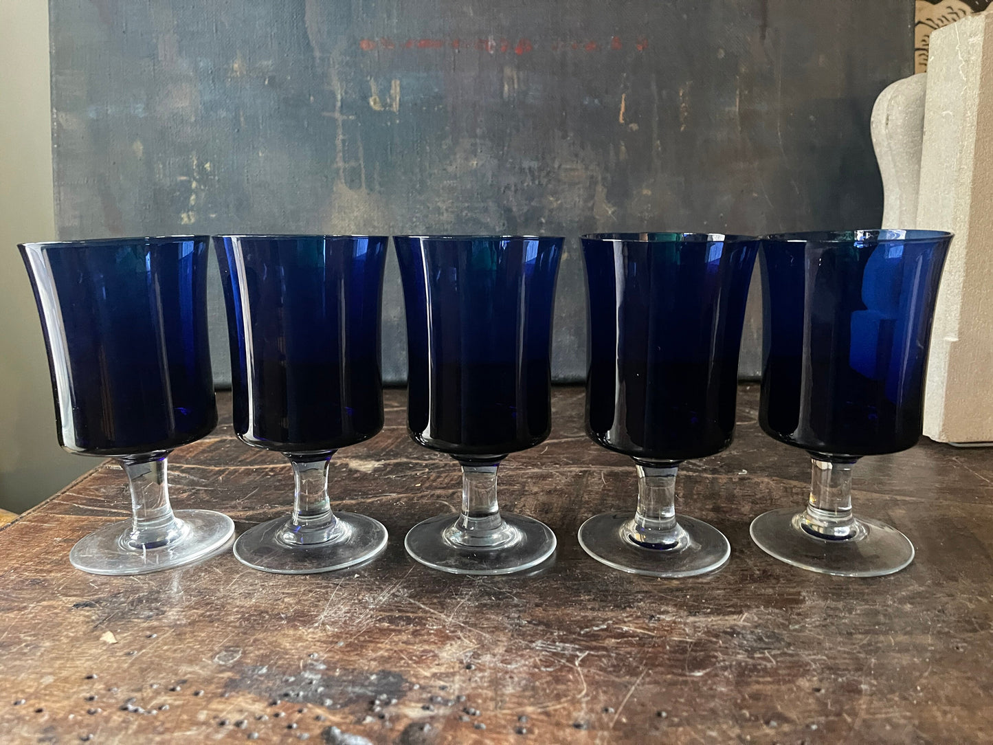 Set of Five (5) Deep Blue Sasaki Wineglasses Coastal Decor Jewel tones