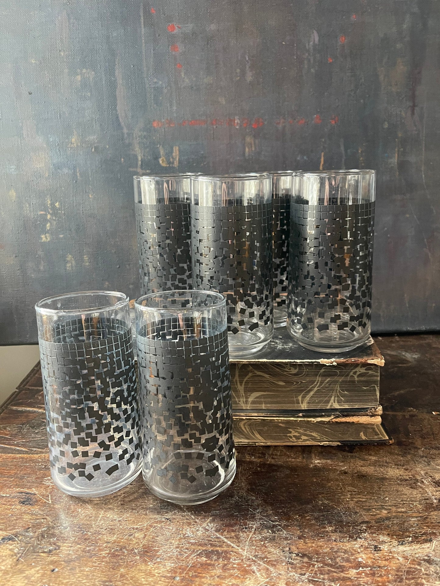 Set of Six (6) Black Confetti Abstract Tall Water Glasses