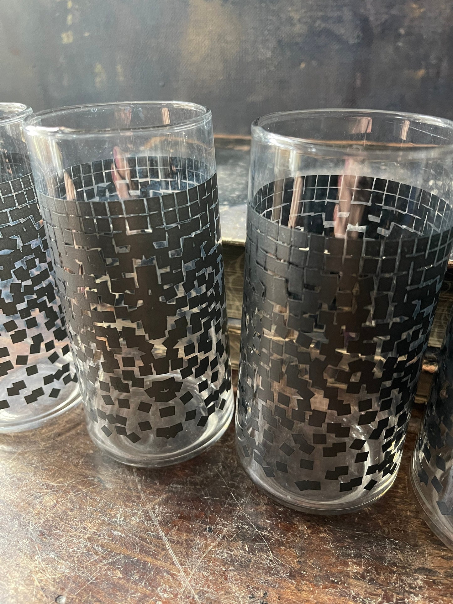 Set of Six (6) Black Confetti Abstract Tall Water Glasses