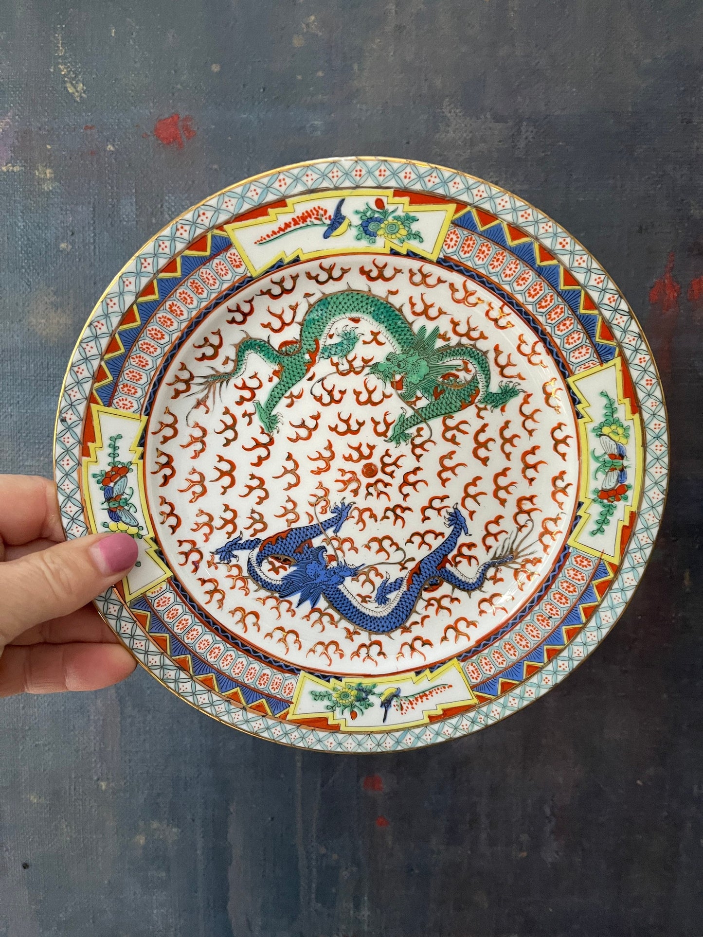 Vintage Double Dragon Chinese Porcelain 8” Plate