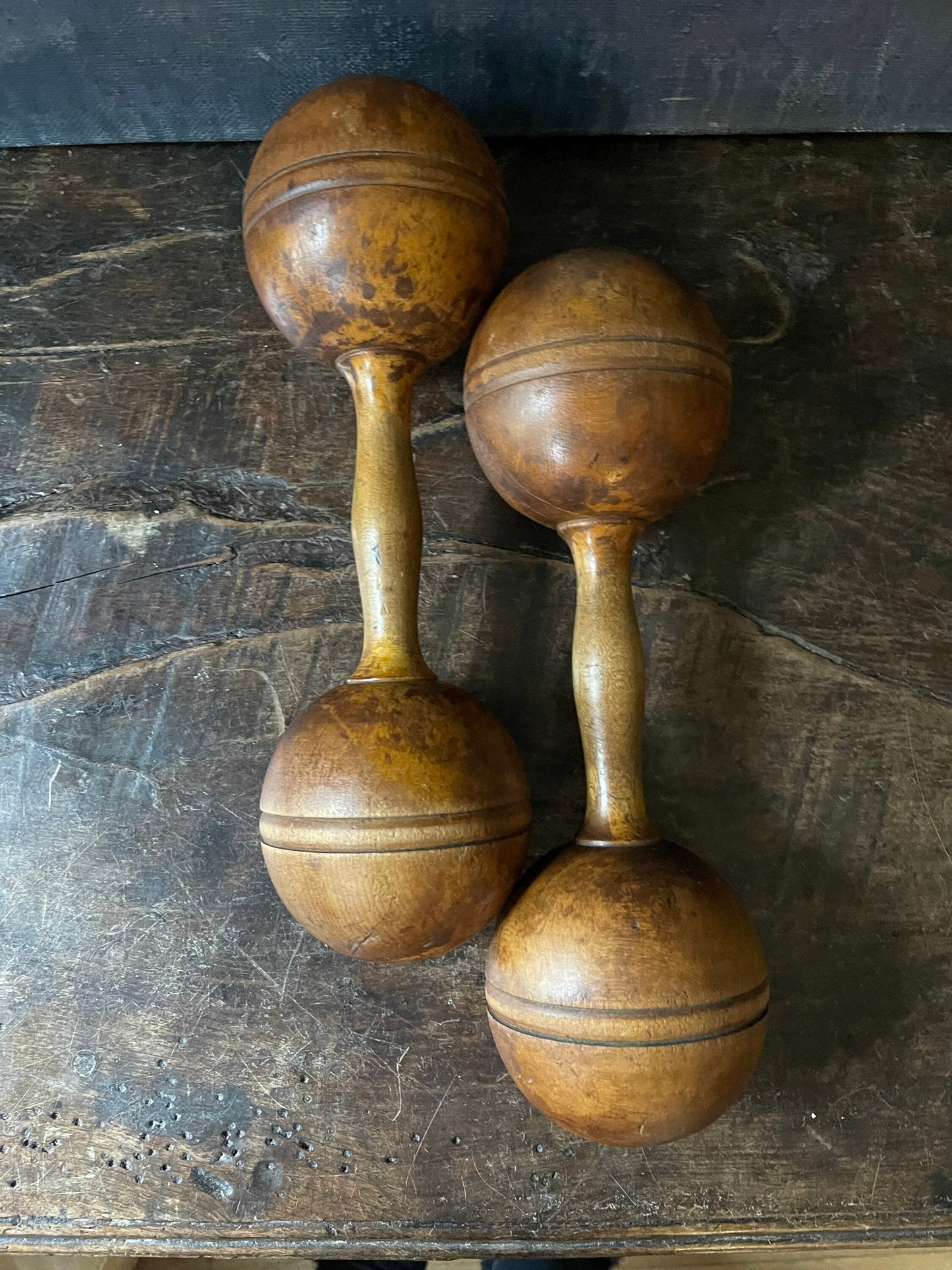 Antique Pair of Wooden Dumbell Weights Primitive Sculpture