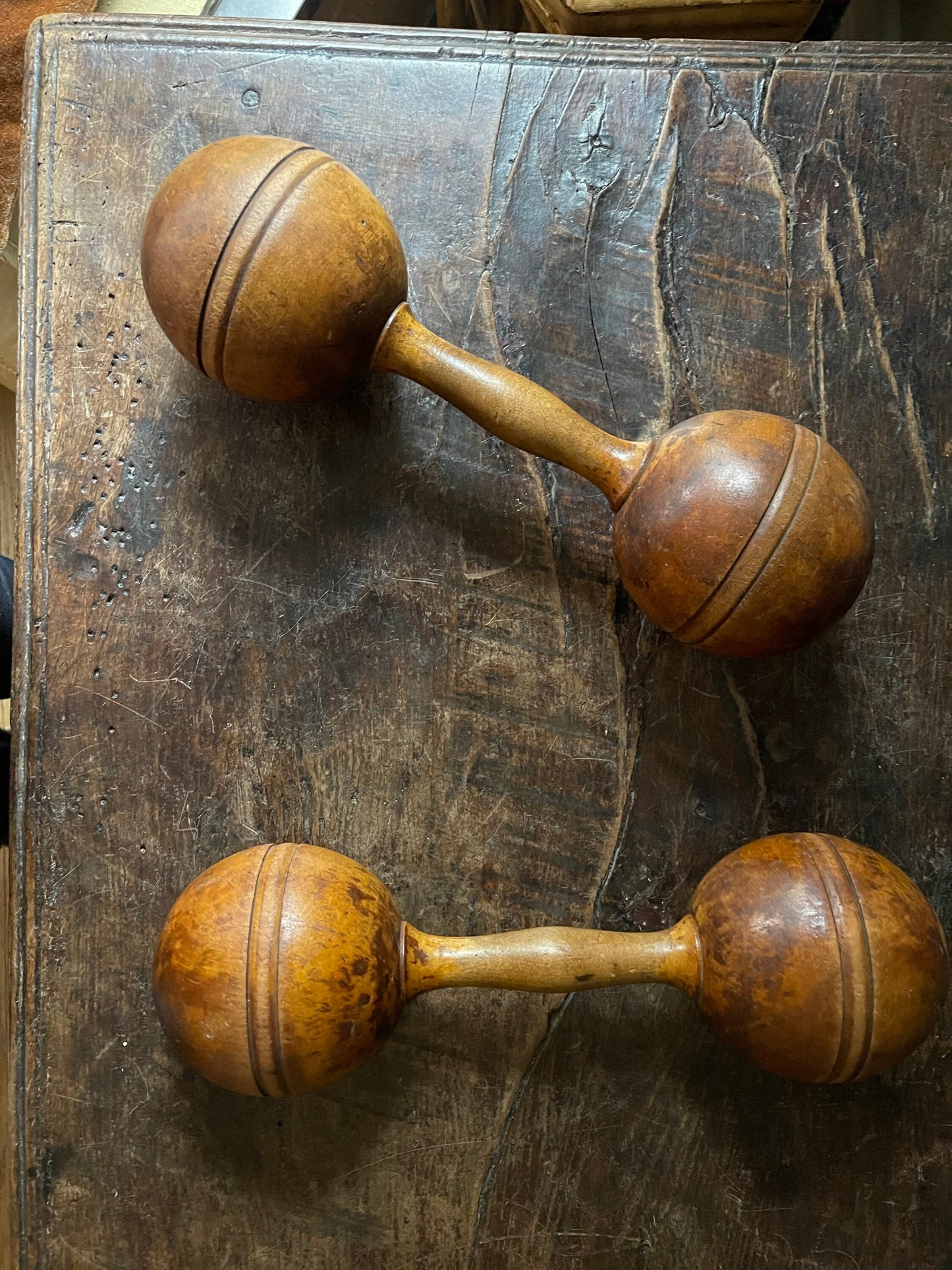 Antique Pair of Wooden Dumbell Weights Primitive Sculpture