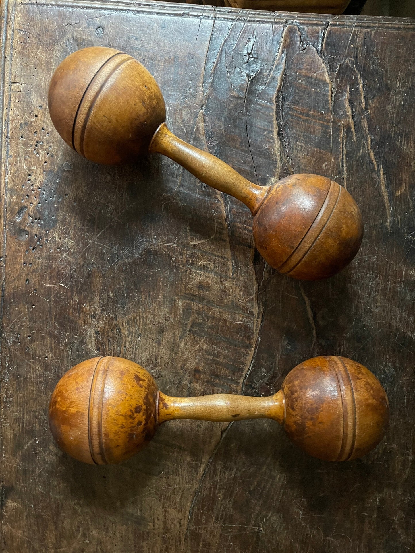 Antique Pair of Wooden Dumbell Weights Primitive Sculpture