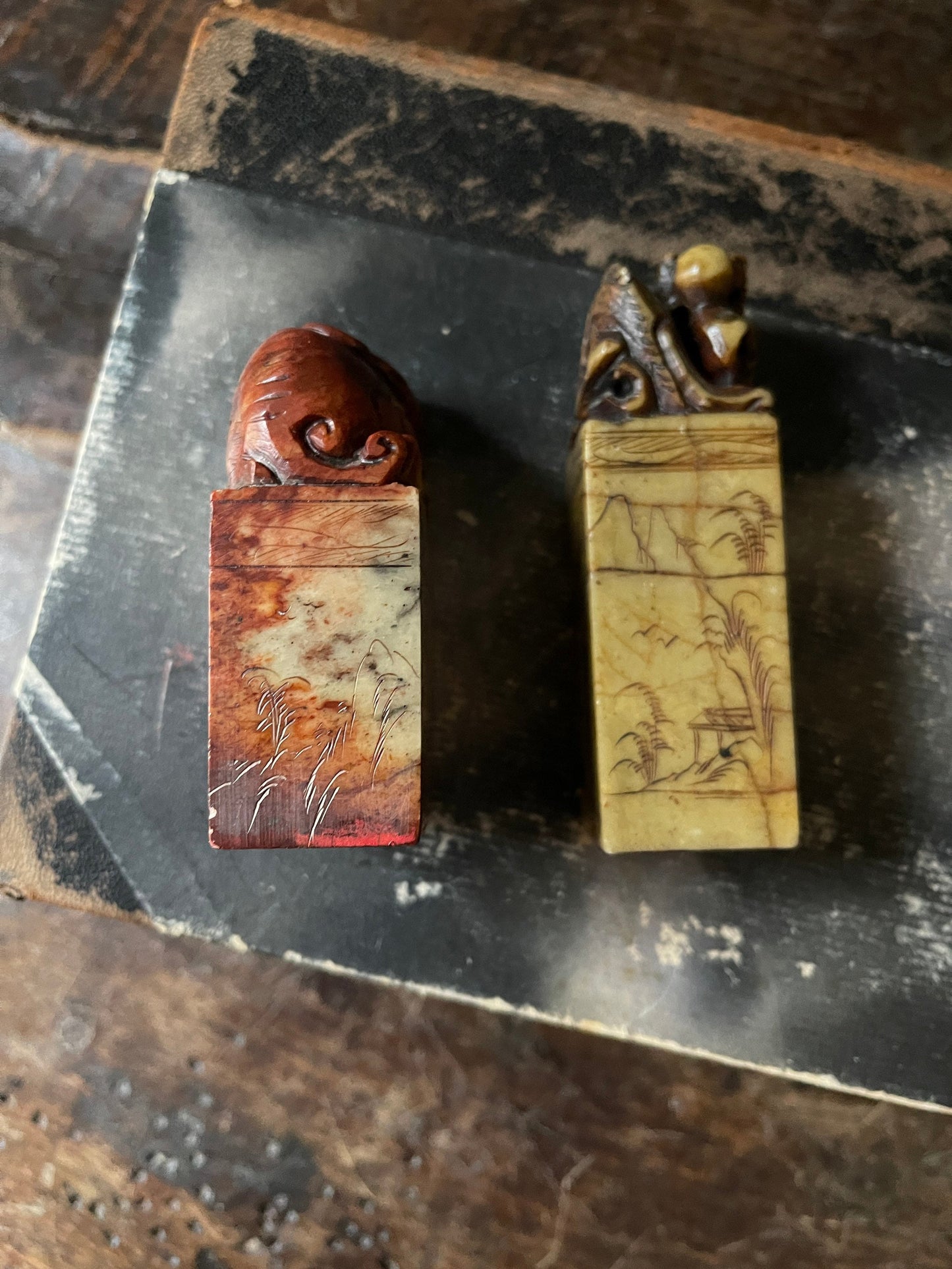 Collection of a two (2) Old Chinese Shoushan Stone Carved Seals Stamps Good Luck