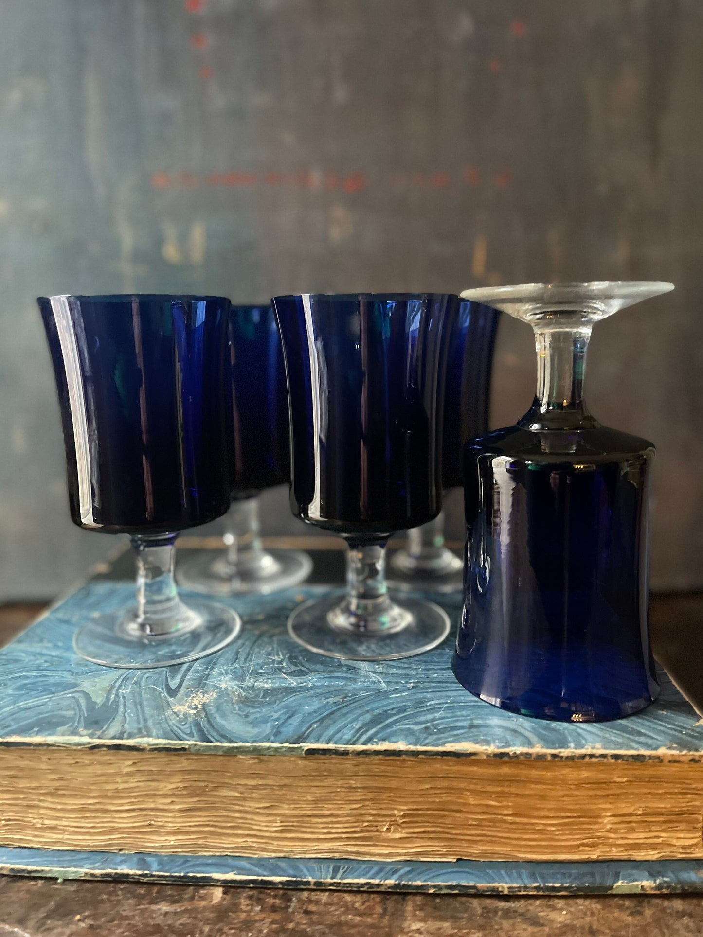 Set of Five (5) Deep Blue Sasaki Wineglasses Coastal Decor Jewel tones