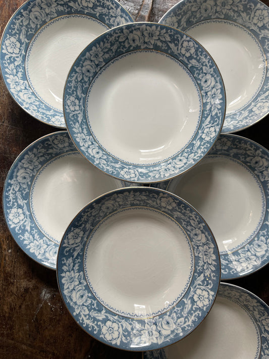 Set of Seven (7) Blue and White Johnson Brothers England 6 1/8” Bowls in Henley Pattern