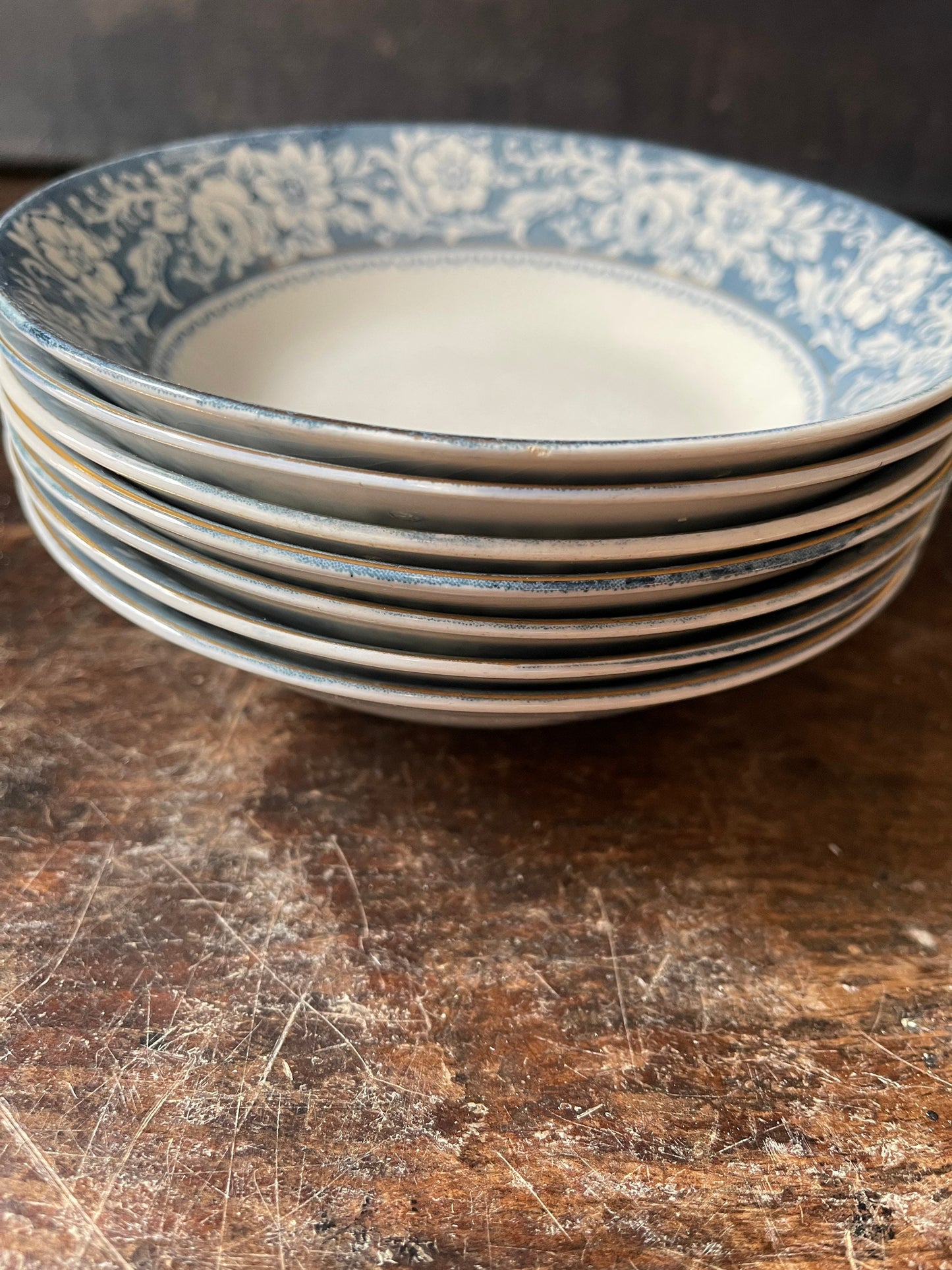 Set of Seven (7) Blue and White Johnson Brothers England 6 1/8” Bowls in Henley Pattern