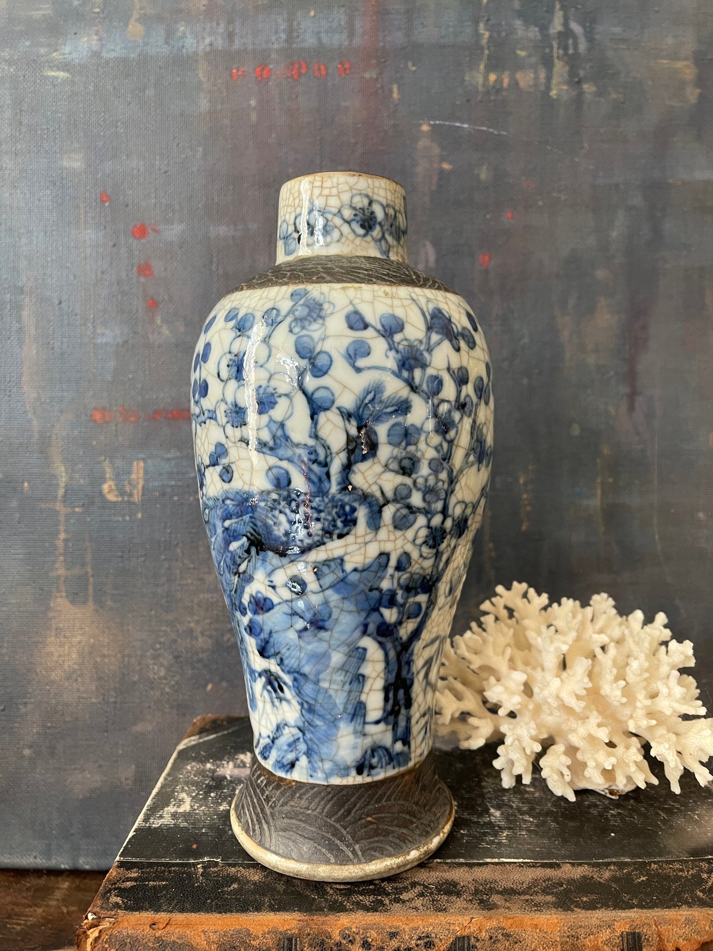 Antique Blue and White Canton Crackle Baluster Vase