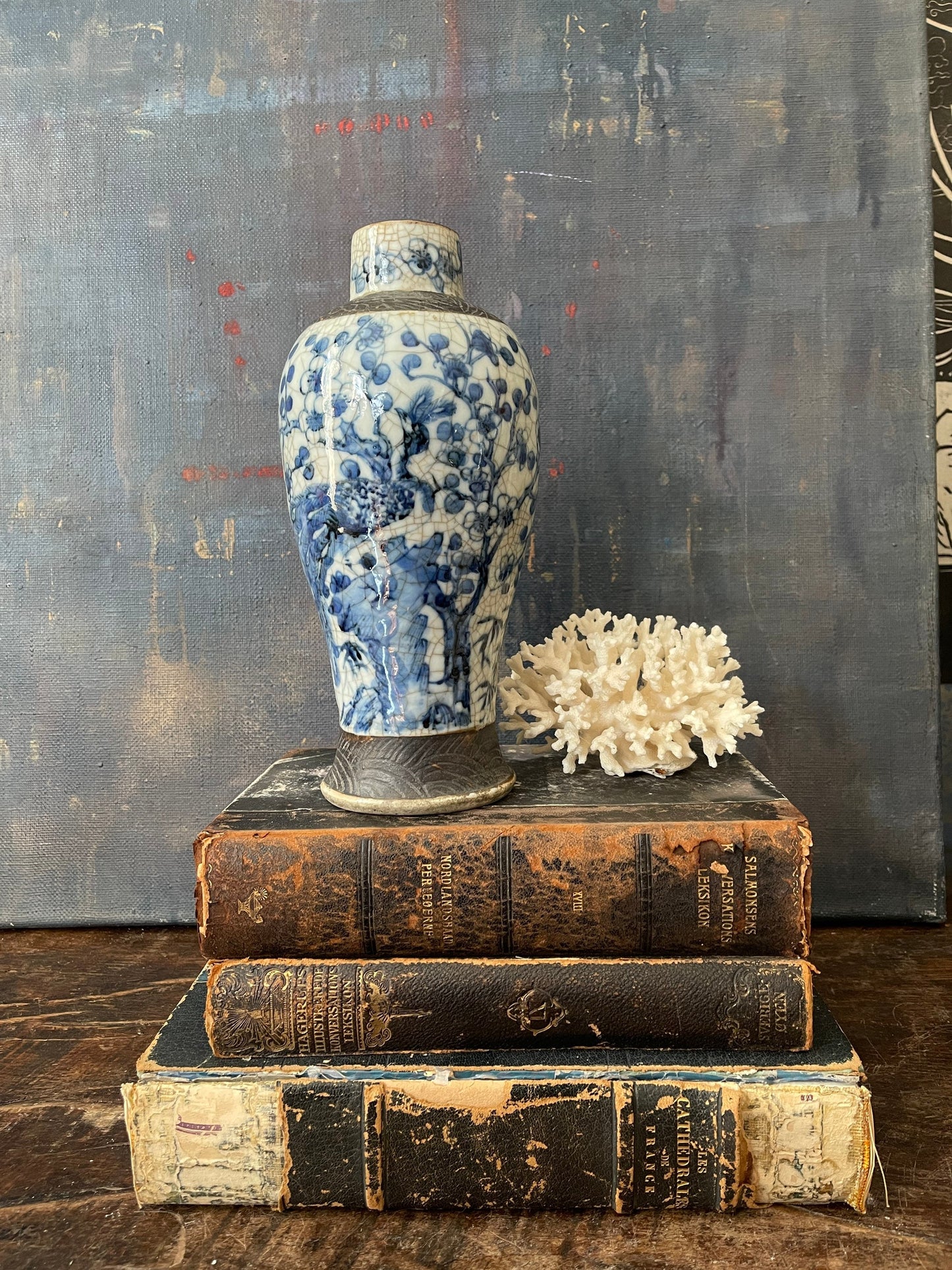 Antique Blue and White Canton Crackle Baluster Vase