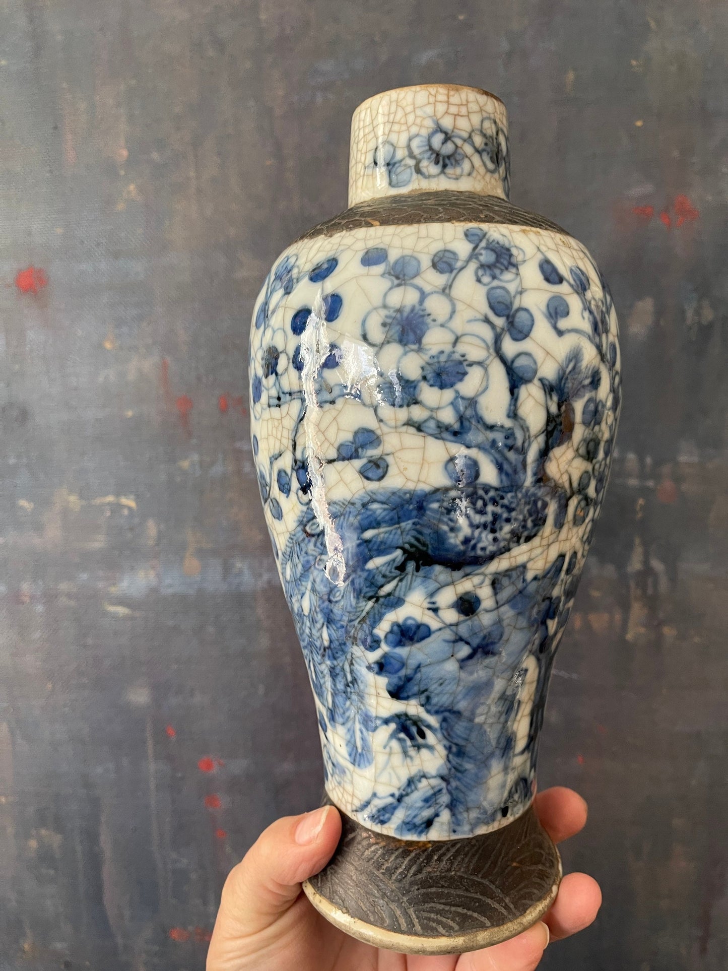 Antique Blue and White Canton Crackle Baluster Vase