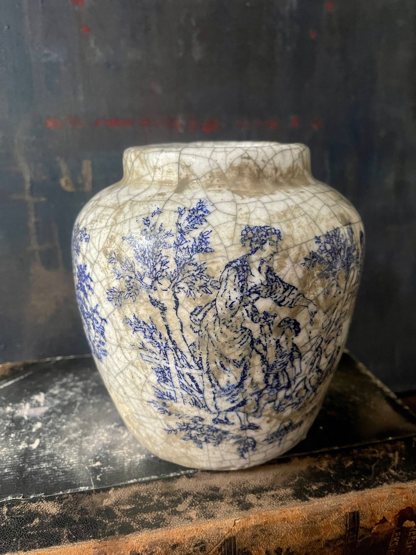 Crackle Glaze Blue Transferware Vase