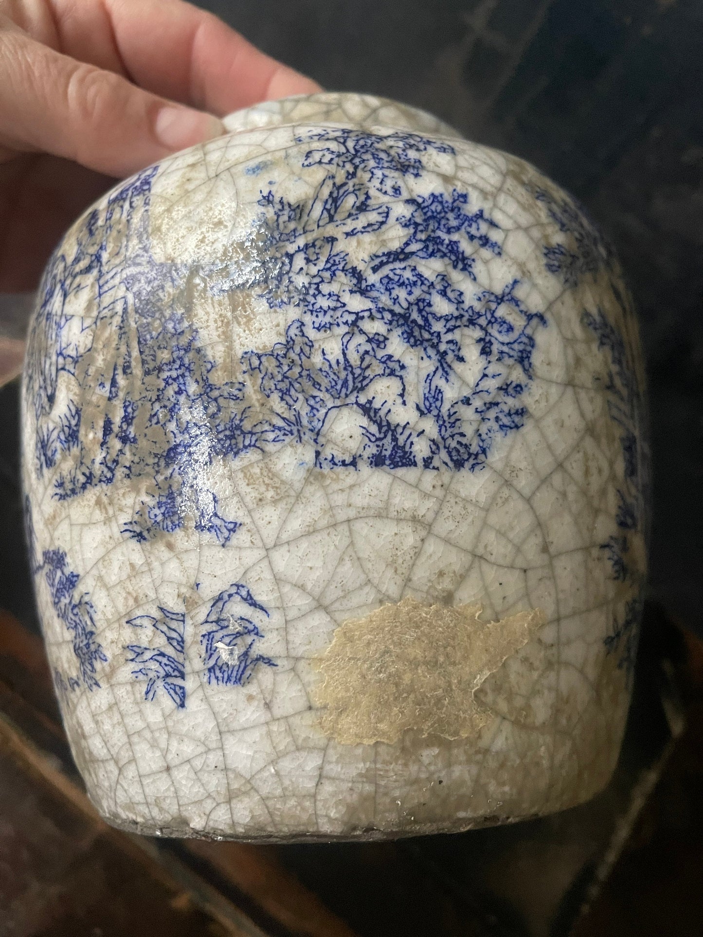 Crackle Glaze Blue Transferware Vase