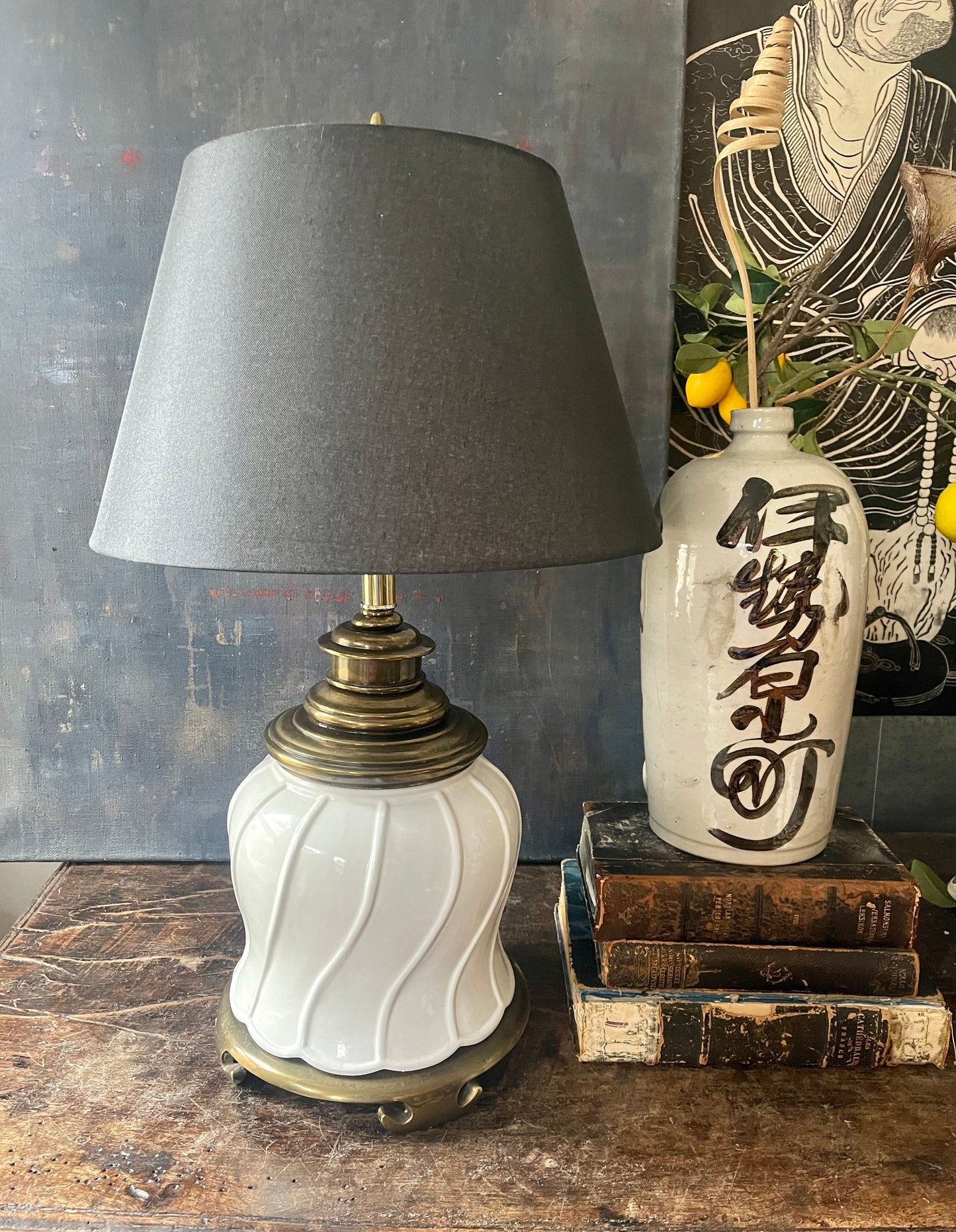 Vintage Morris Greenspan White and Brass Chinoiserie Table Lamp