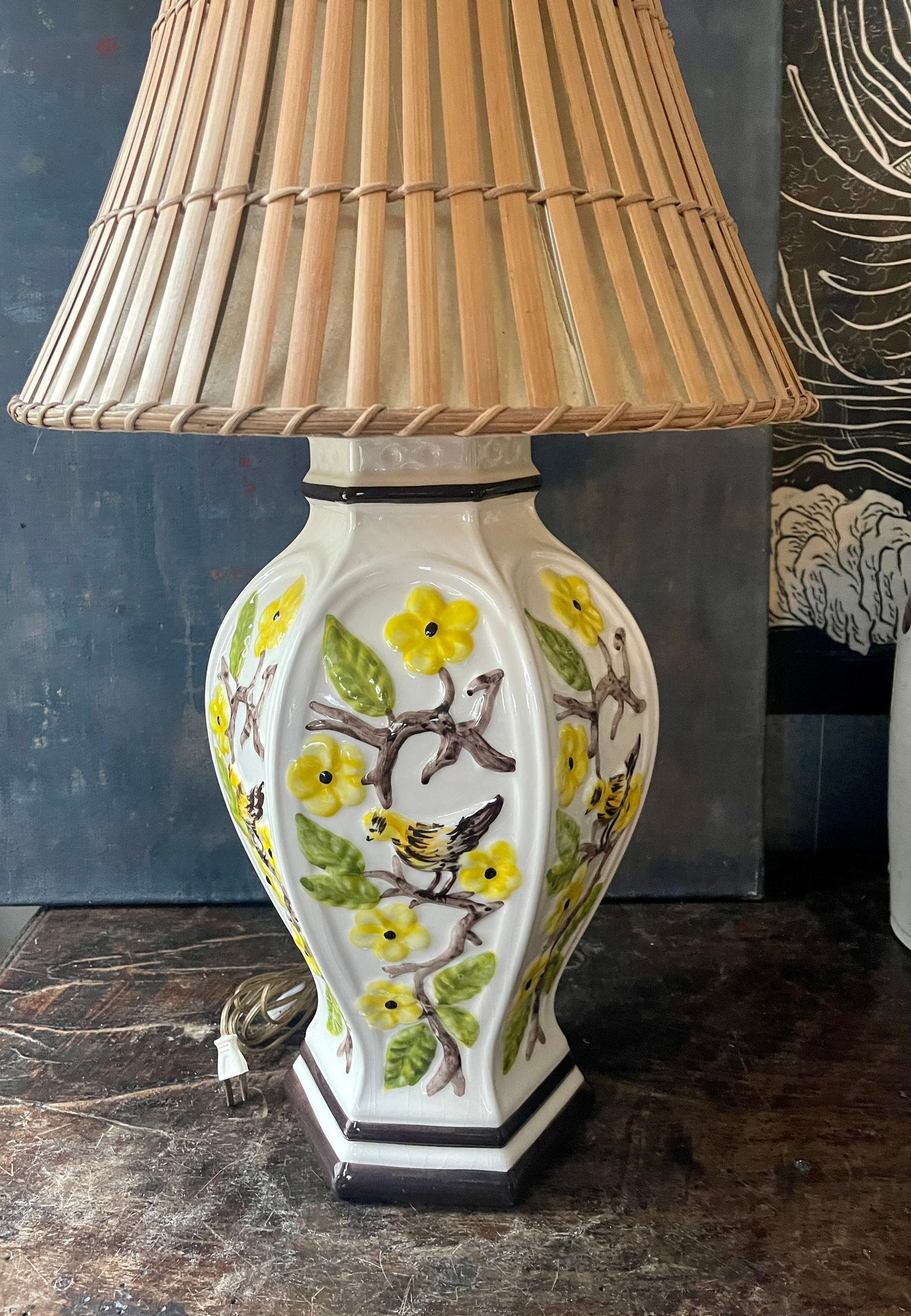 Vintage Yellow and Brown Ginger Jar Chinoiserie Table Lamp