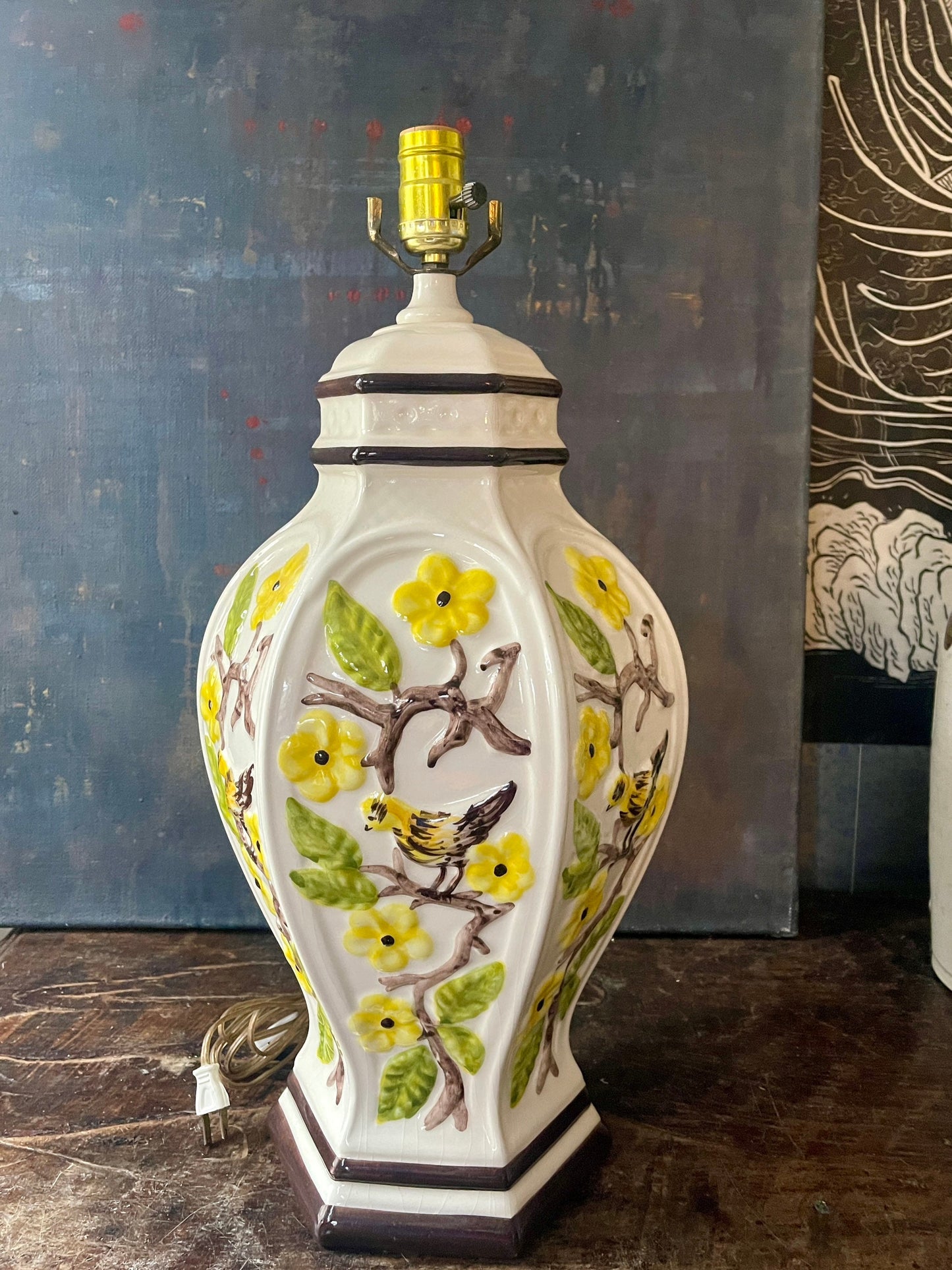 Vintage Yellow and Brown Ginger Jar Chinoiserie Table Lamp