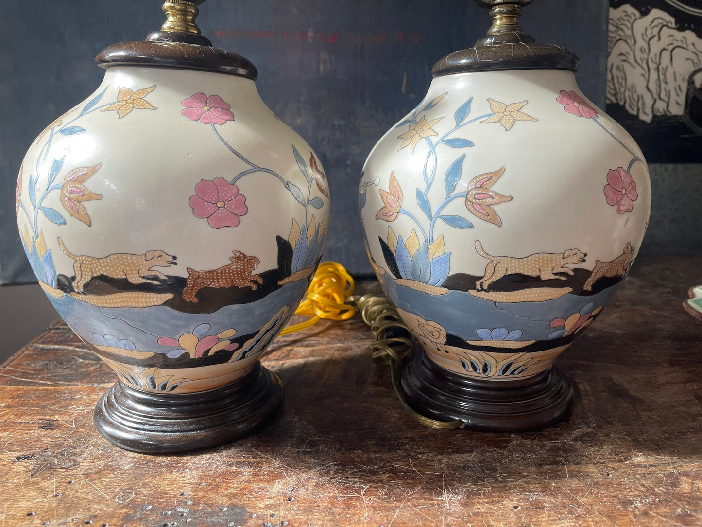 Pair of Vintage Naive Hunting Scene Lamps