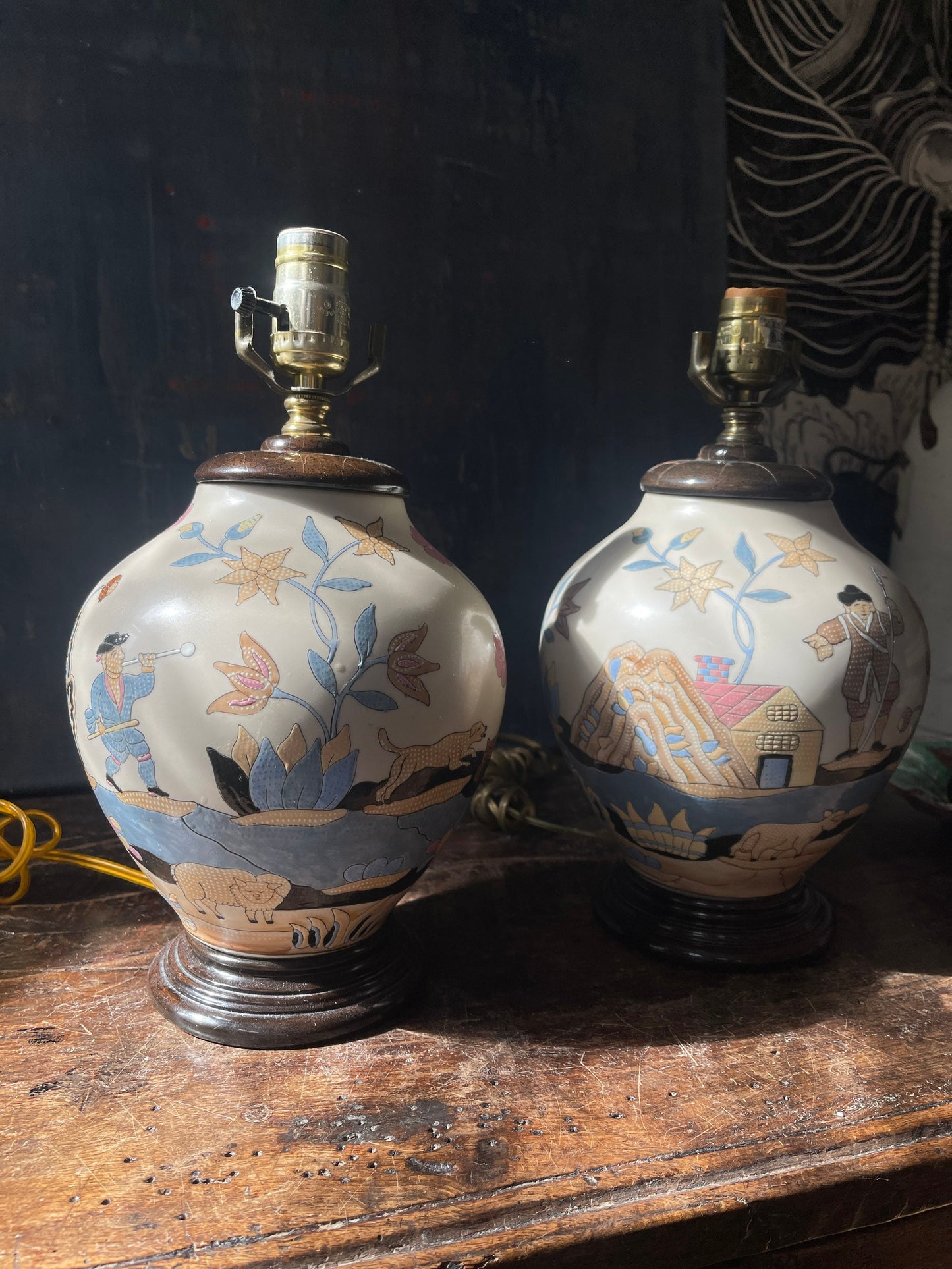 Pair of Vintage Naive Hunting Scene Lamps