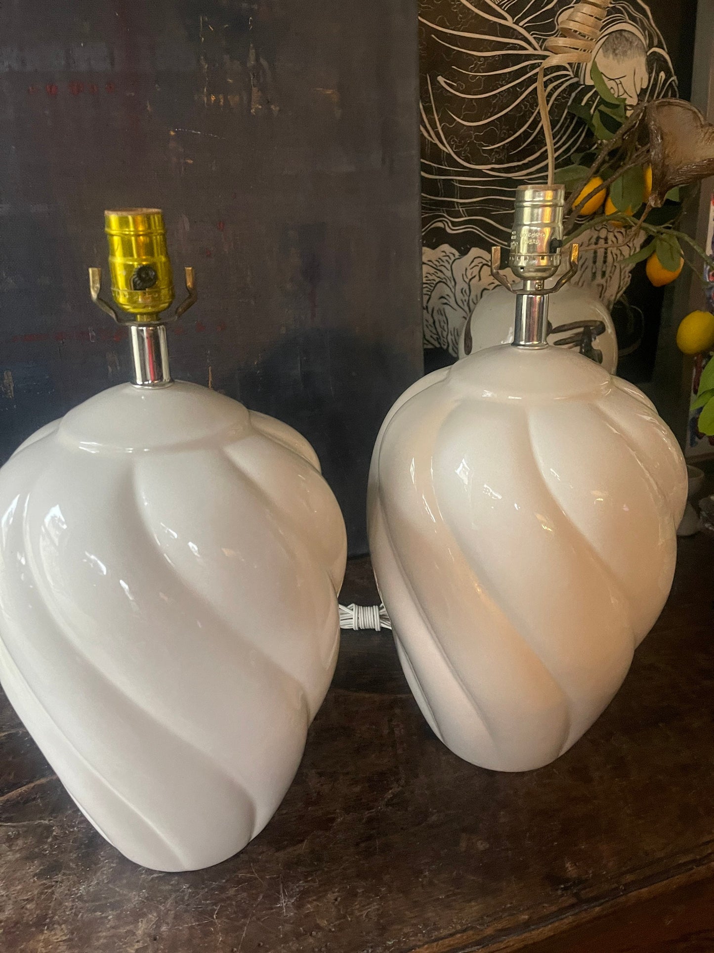 Pair of White Urn Shaped Chinoiserie Table Lamps