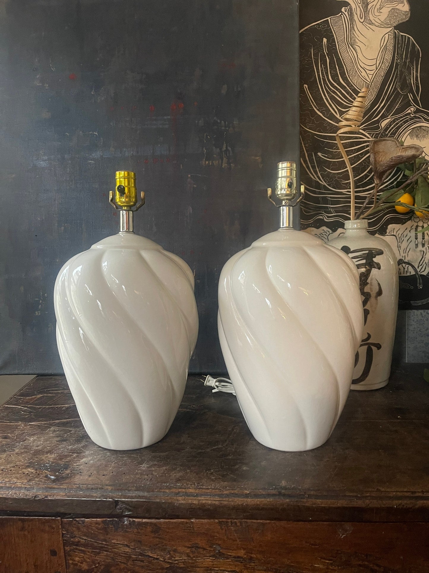 Pair of White Urn Shaped Chinoiserie Table Lamps